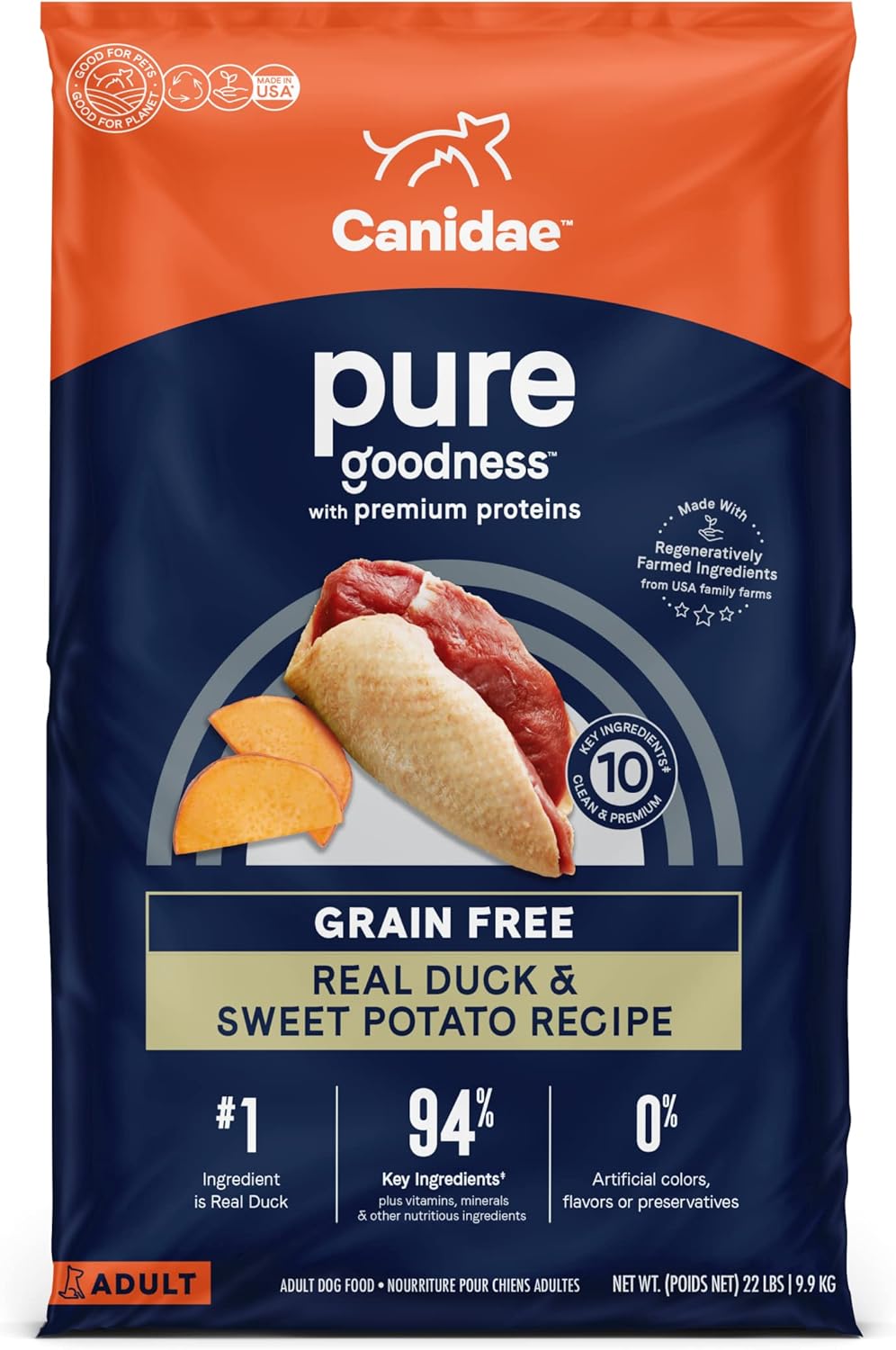 Canidae Pure Limited Ingredient Premium Adult Dry Dog Food, Real Duck & Sweet Potato Recipe, 22 lbs, Grain Free