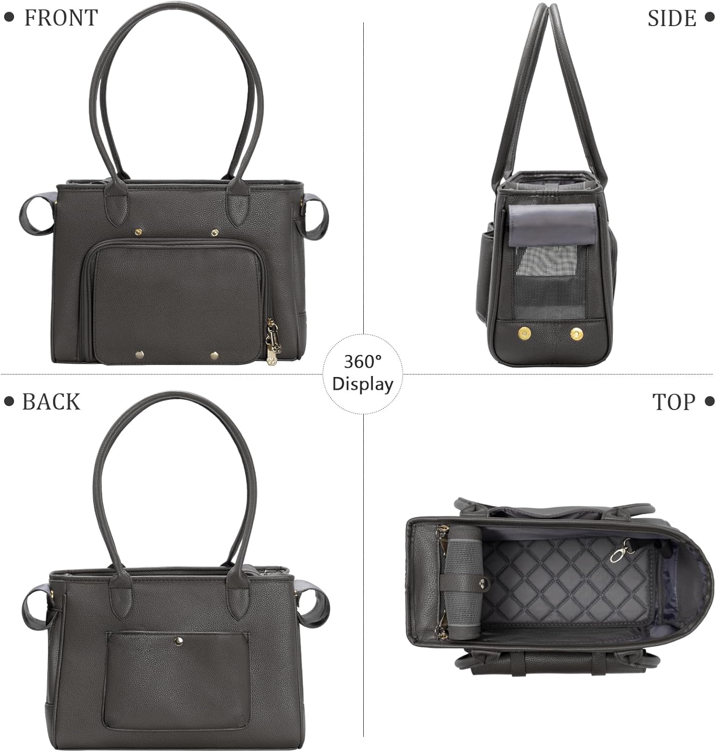 Minsong Fashion Pet Carrier Purse for Small Cat and Dog, Luxury Pu Soft-Sided Tote Bag with Large Pockets for Dogs and Puppies (Black, 13.6" L x 6" W x 10.0" H)