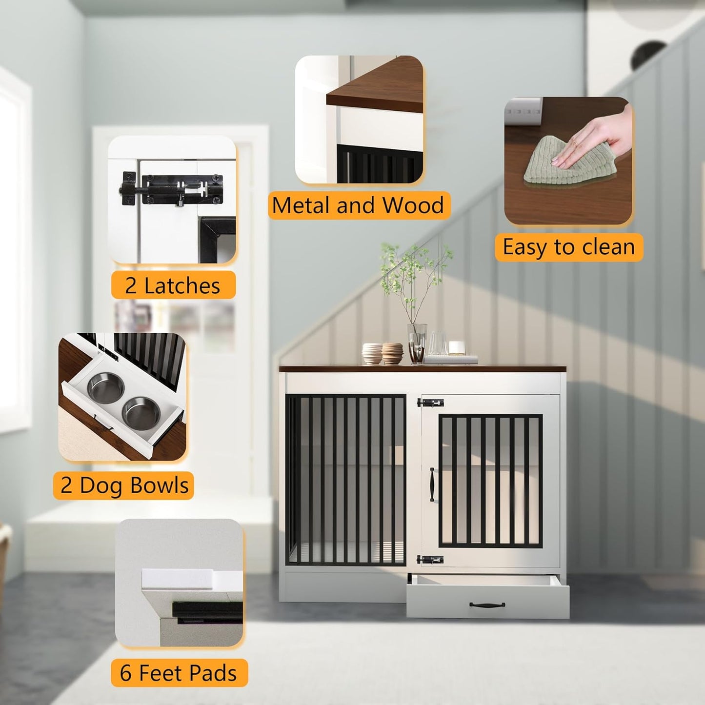 White Heavy Duty Furniture Dog Crate, Wood and Metal Kennel Cage, Pet House End Table with Drawer and Pull-Out Design, Dog Home for Indoor use, Large Size