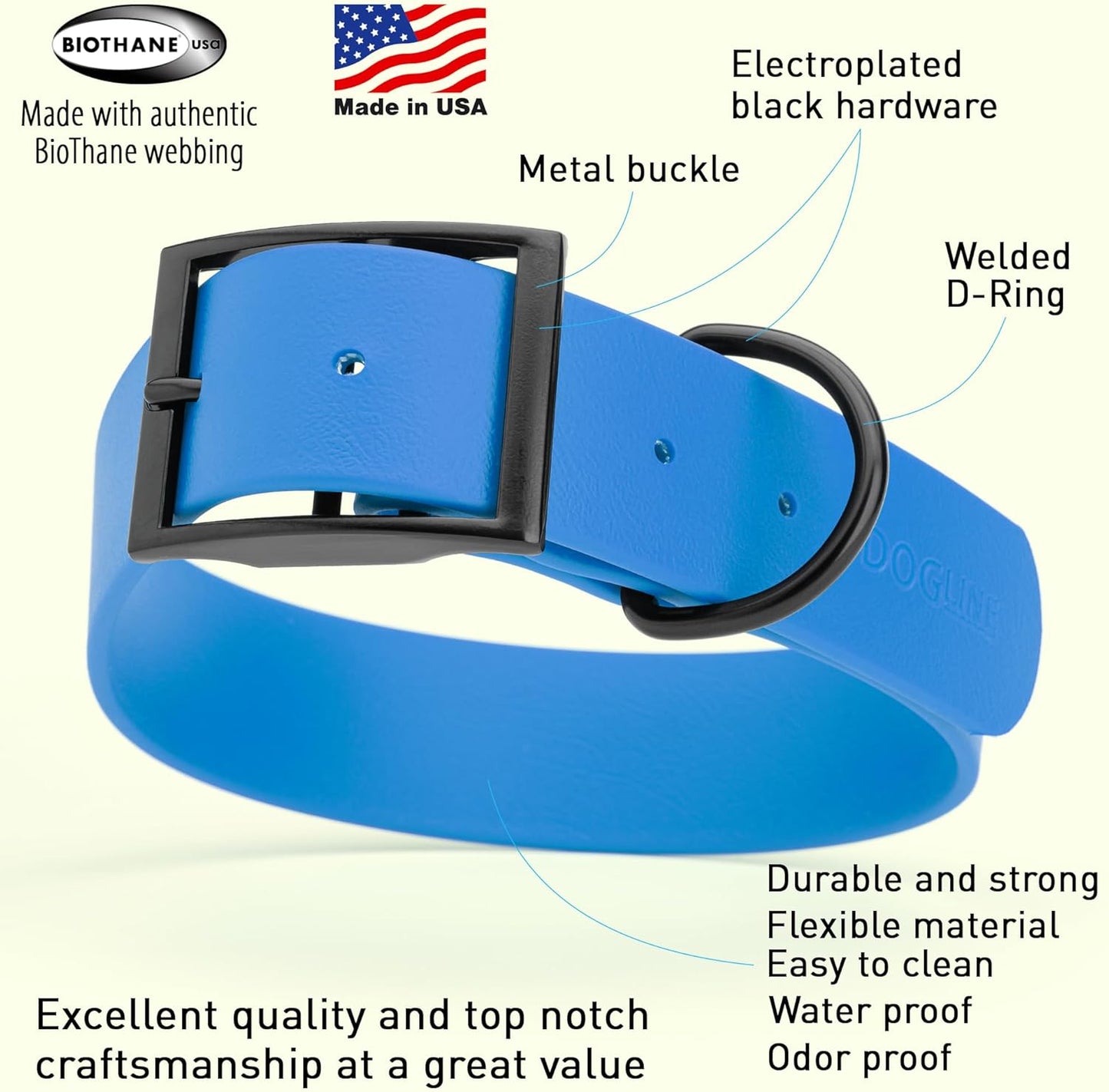 Dogline Biothane Waterproof Dog Collar Strong Coated Nylon Webbing with Black Hardware Odor- Proof for Easy Care Easy to Clean High Performance Fits Small Medium or Large Dogs, Cerulean Blue