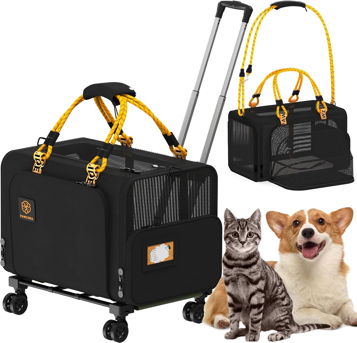 PAWZIDEA Expandable Pet Carrier with Wheels, 24"x16"x16" Large Cat Carrier for 2 Cats, Soft-Sided Dog Travel Crate for Small Medium Dog, Collapsible Rolling Travel Bag w/Telescopic Handle, Chew-Proof