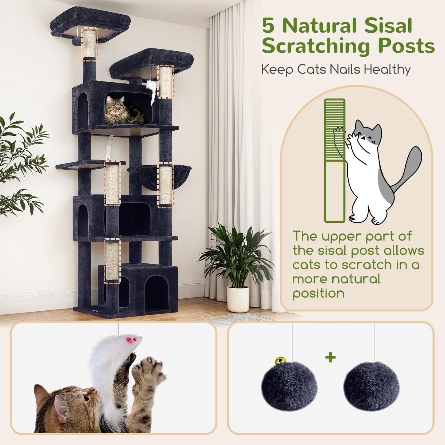 Globlazer Sturdy Cat Tree for Large Cats, 77 inch Large Cat Climbing Tower for Indoor Adult Cats, Cat Scratching Tower with 5 Scratching Posts, 3 Cat Condos, 2 Top Perches, S77, Dark Grey