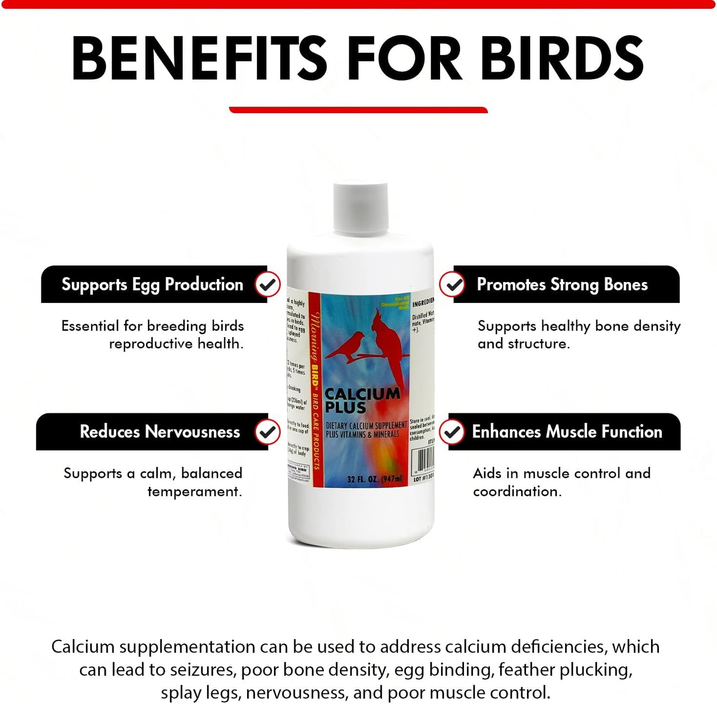 Morning Bird Calcium Plus Liquid Supplement for Birds - Liquid Calcium Formula with Magnesium and Vitamin D3 Calcium Supplement for All Birds – 32 Fl Oz