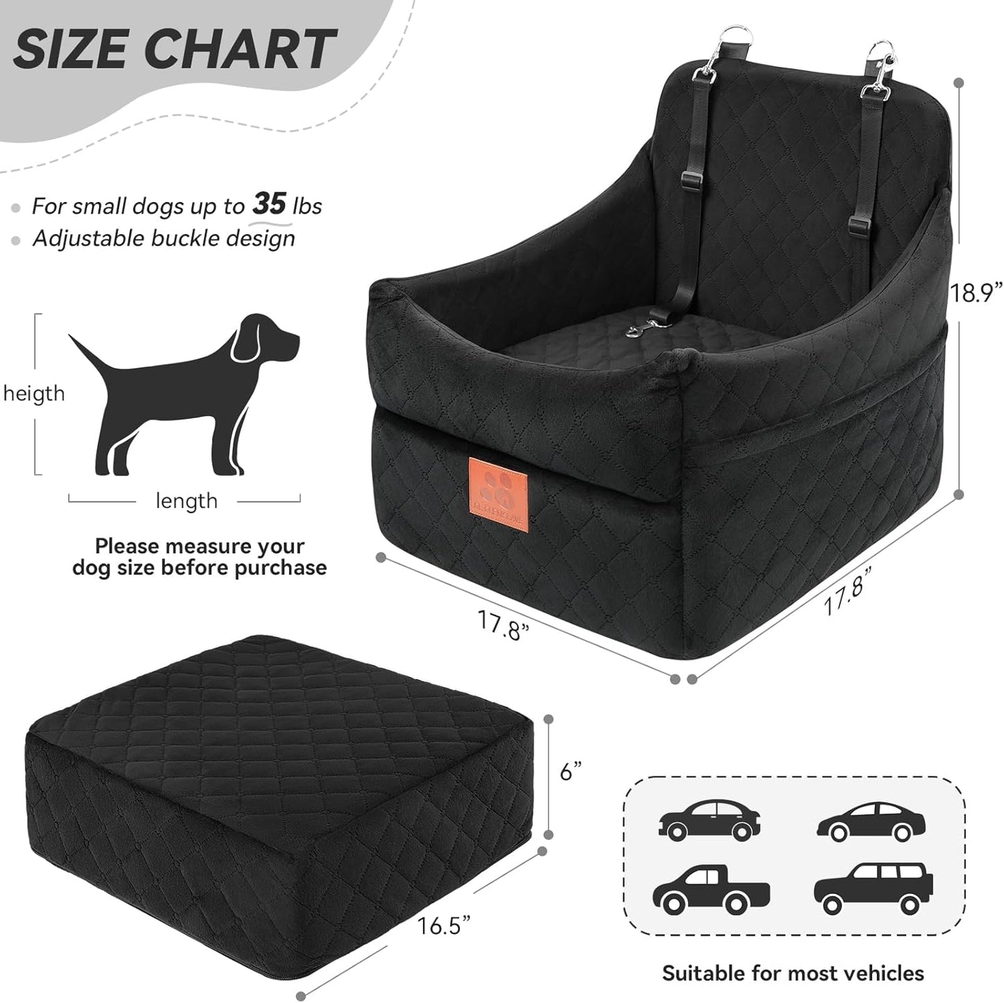 Dog Car Seat for Small/Medium Dogs, Dog Booster Car Seats with Thick Cushion for Dogs Under 35lbs, Detachable Washable Pet Car Seat with Storage Pockets, 2 Safety Belts(Black)