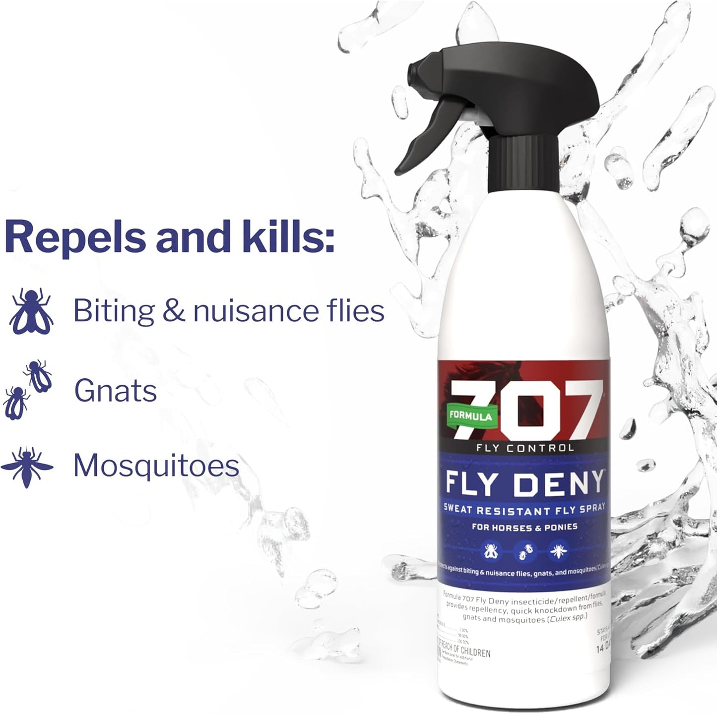 Formula 707 Fly Deny Spray for Horses & Ponies, Sweat-Resistant 14-Day Protection from Flies, Gnats & Mosquitoes, Repels and Kills, 32 Oz