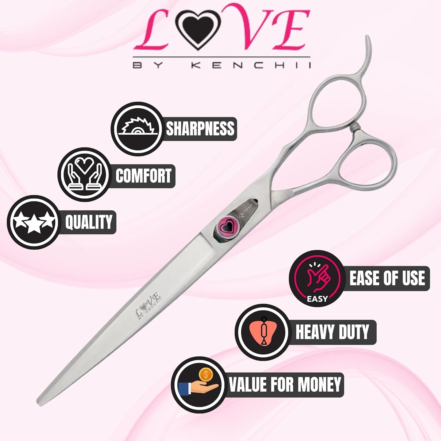 Kenchii Love Left Handed Dog Grooming Scissors, 8 Inch Curved Shears, Dog Scissors for Grooming, Professional Pet Grooming Scissors, Ergonomic & Comfortable