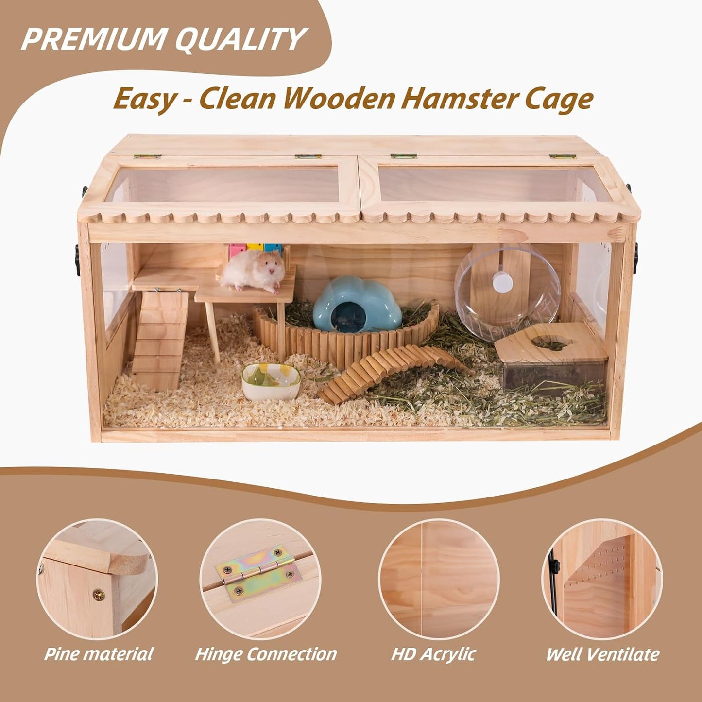 Wooden Hamster Cage, 32"x16"Guinea Pig Cage, Small Animal Cage for Dwarf Syrian Hamsters Degus Mice & Other Small Pets. Large Hamster cage with with 2 Adjustable skylights.
