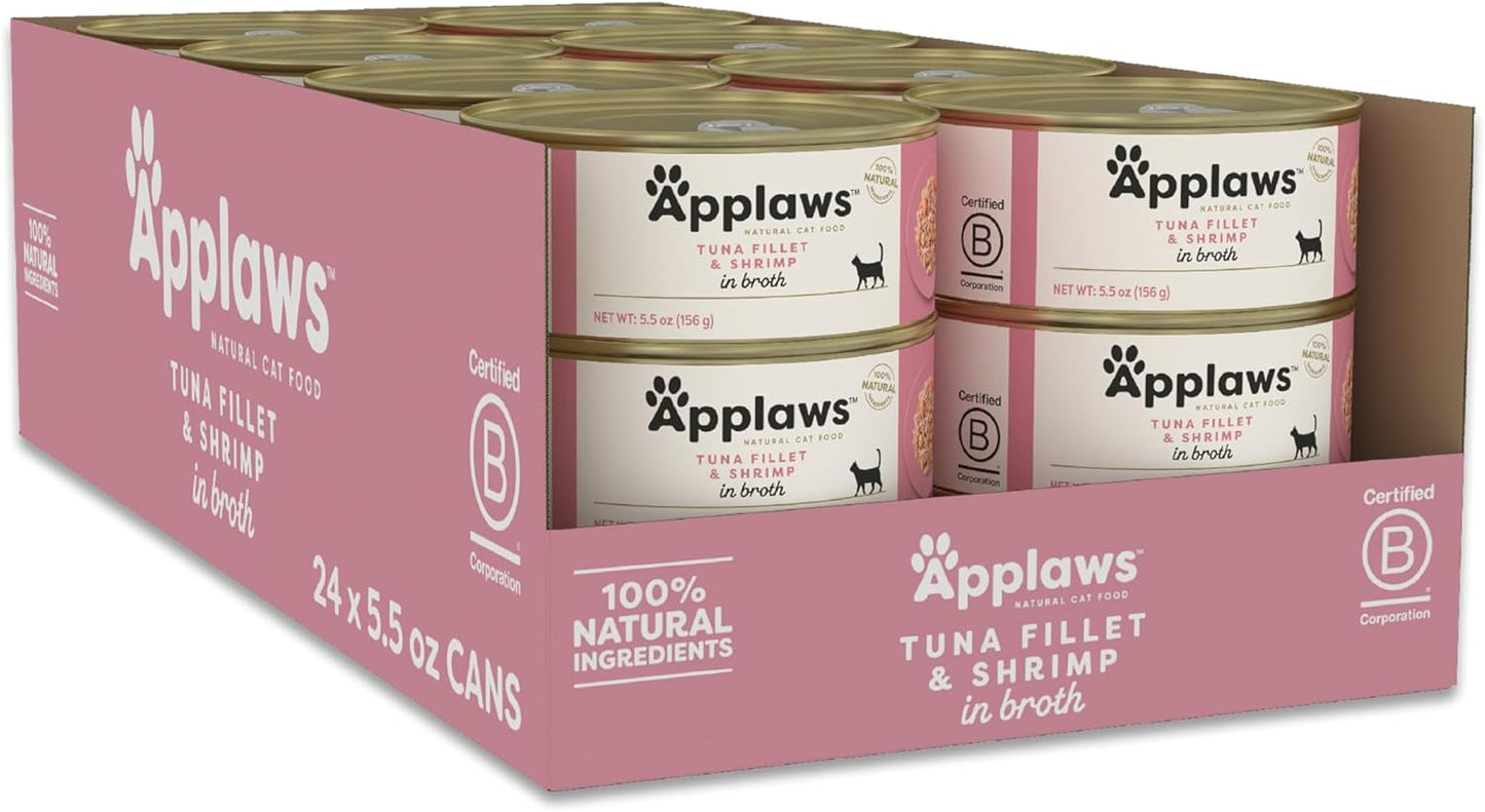 Applaws Natural Wet Cat Food, 24 Count, Limited Ingredient Canned Wet Cat Food, Tuna Fillet with Shrimp in Broth, 5.5oz Cans