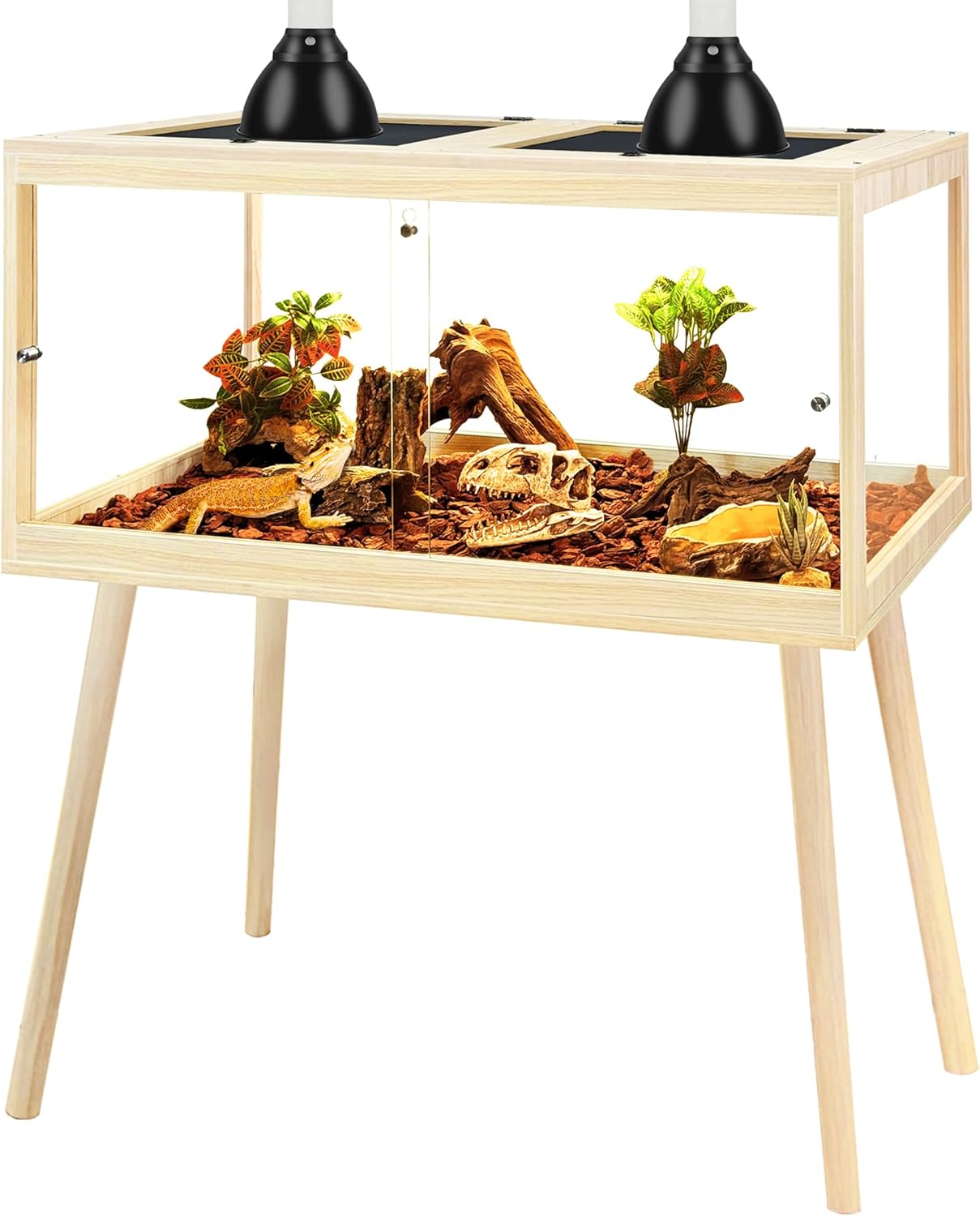 PROLEE Bearded Dragon Tank with Leg,Tempered Glass Lizard Tanks and Reptile Enclosure,Up to 78 Gallon Reptile Tank with Metal Mesh and Lockable Door for Snakes,Chameleon (Oak, 31Gallons,32inch)