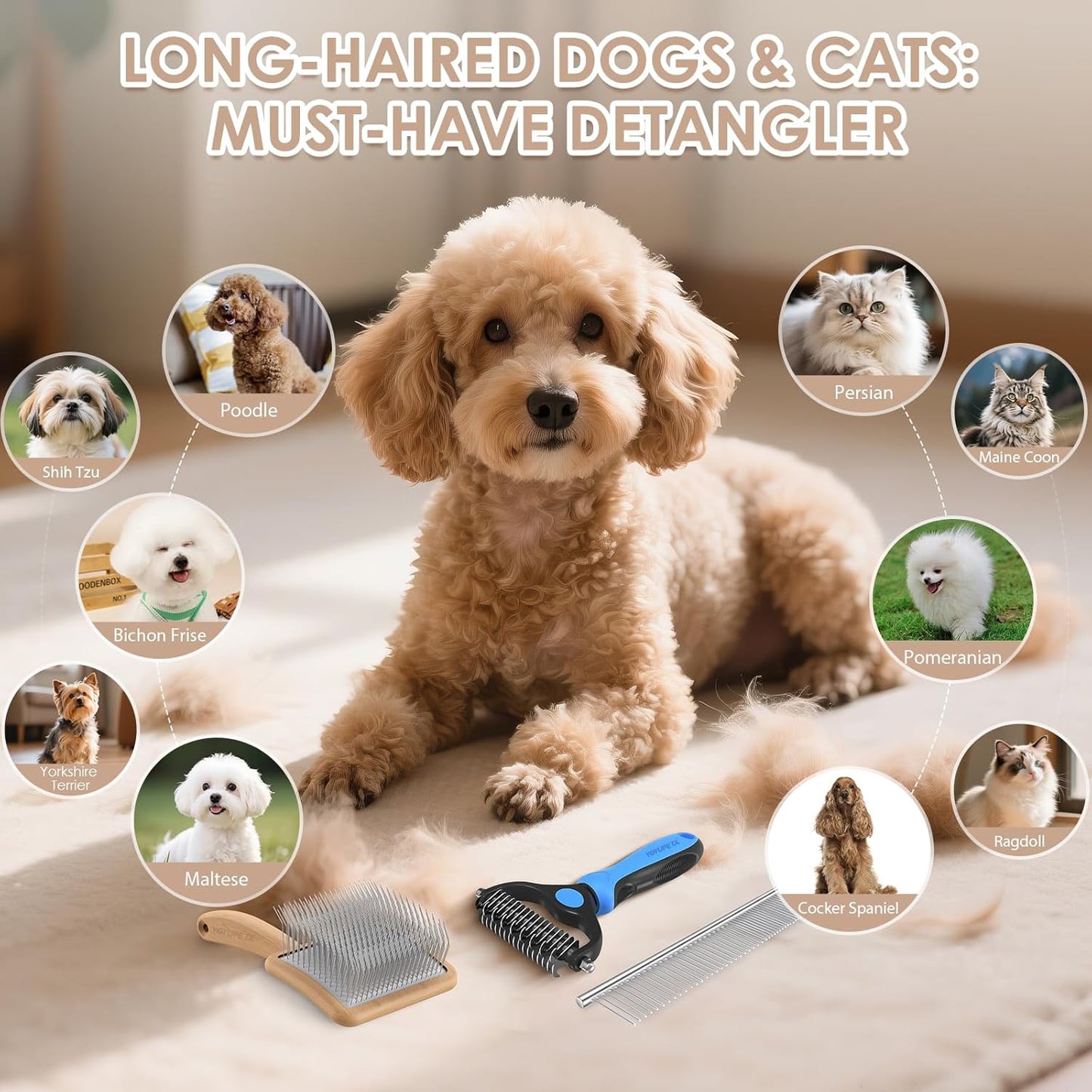 Large Slicker Brush for Dogs - 3PC Pet Grooming Kit - Undercoat Rake & Stainless Comb | Long Pins Remove Mats on Poodles, Golden, Labradoodles | Thick Coat Deshedder for Dogs, Cats, Oak