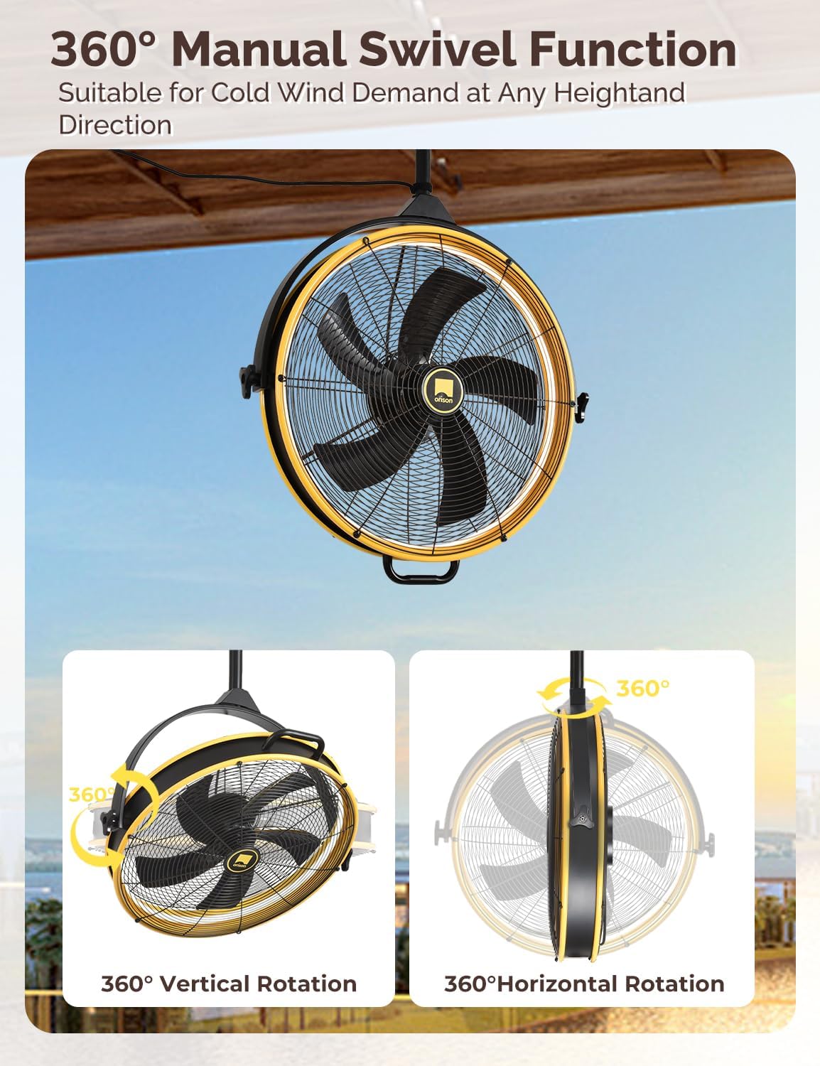 Orison 24.8'' Outdoor/Indoor Garage Ceiling Fan, 6 Speed Ceiling Mounted Plug-In Cord Garage Fan with Remote&APP, Manual Vertical Rotation, Hook hanging for Gazebo, Patio, Yellow&Black