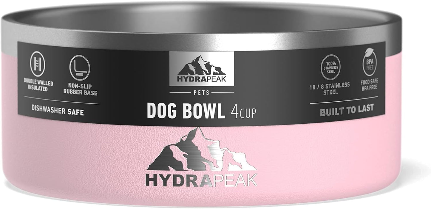 Hydrapeak Dog Bowl; Non Slip Stainless Steel; Water and Food Dish; Large Sized and Small Dogs; 32oz 64oz; Multiple Sizes; 4 Cup | Pink