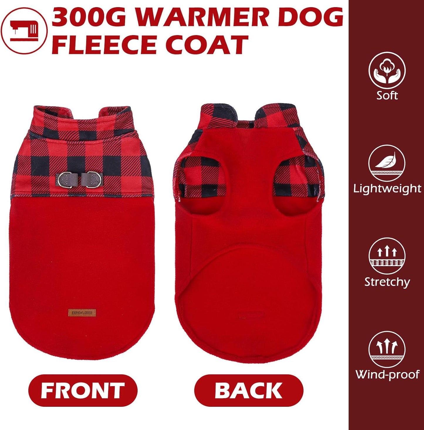 EXPAWLORER Fleece Dog Sweater - Classic Plaid Dog Jacket, Winter Coat Vest with 2 D-Rings for Leash, Pet Cold Weather Clothes, Sweatershirt for Boy or Girl