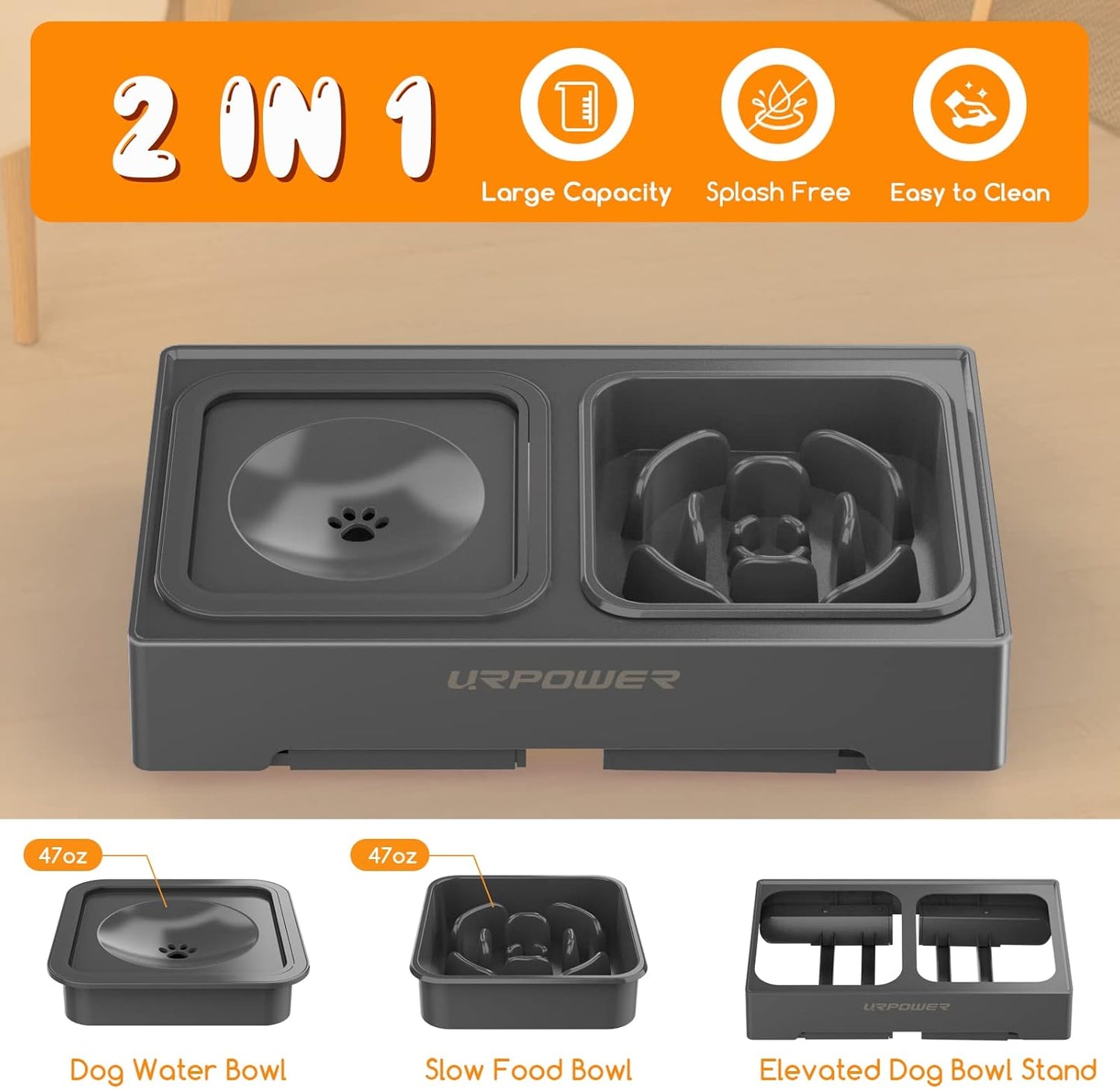 URPOWER 2-in-1 Elevated Slow Feeder with No Spill Dog Water Bowl 4 Height Adjustable Raised Bowl Stand for Small to Large Dogs, Cats & Pets