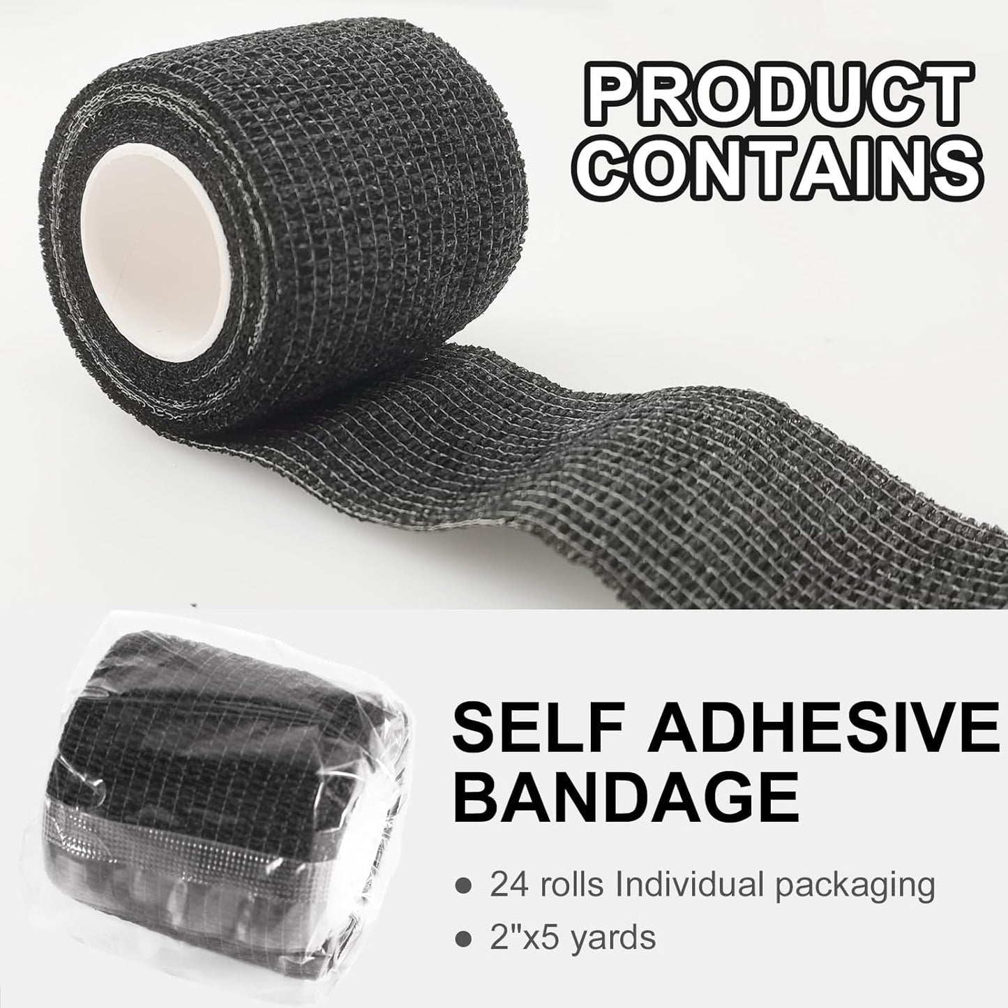 24 Pack Self Adhesive Bandage Wrap, 2” x 5 Yards Elastic Cohesive Bandage Wrap Black Athletic Tape Grip Tape for Ankle, Wrist Sprains, Sports Injuries & Pet First Aid | Medical Sports Tape