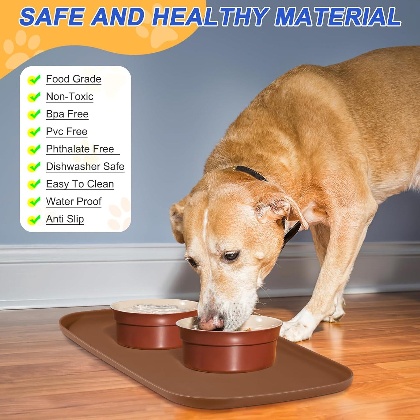 Silicone Pet Feeding Mat with Raised Edge for Food and Water, Dog Bowl Mats, Cat Bowls Placemat with High Lip for Floor Waterproof, Rubber Tray for Cats and Dogs 22 x 14 x0.8 Brown