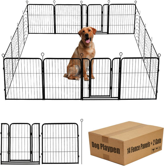 Dog Playpen,24 32 40 48 in(H) Pet Fence Outdoor for Rv Camping,Garden Fence Small Animal Barrie for Yard,11Ft(L)-56Ft(L) Black Metal Temporary Fencing