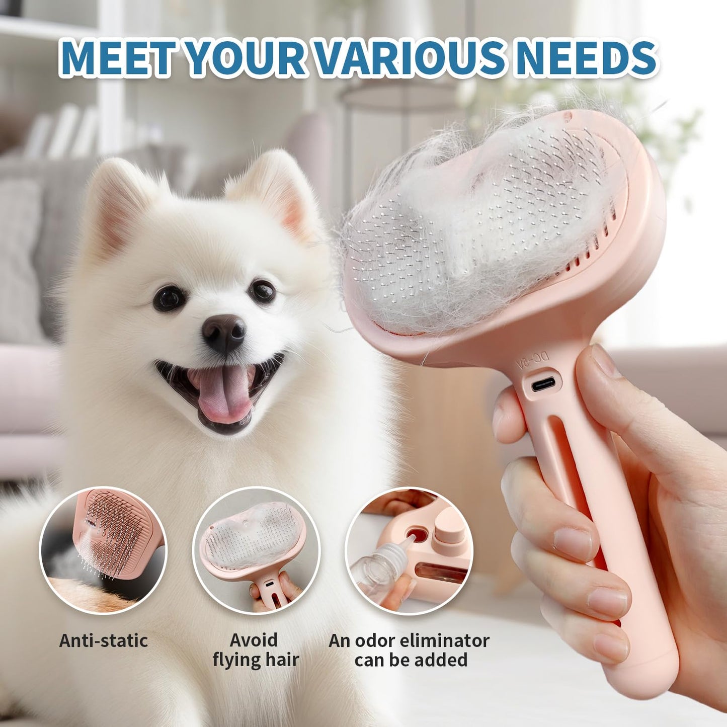 3-in-1 Self-Cleaning Steam Brush - Anti-Static, for Grooming Long & Short Pet Hair, Reduces Shedding, Pink