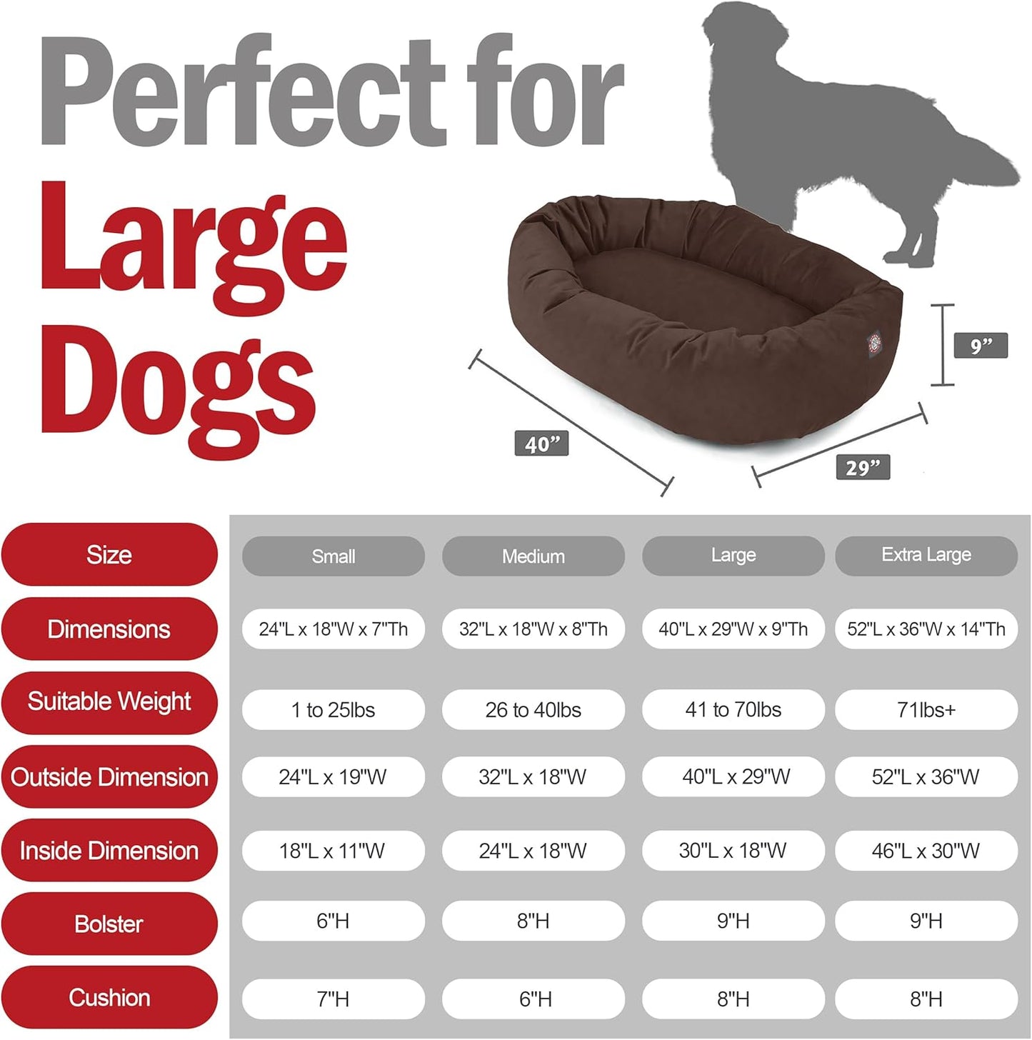 Majestic Pet 40 Inch Suede Shredded Memory Foam Mix Calming Large Dog Bed Washable 40 x 29 x 9 (Inch) - Cozy Soft Round Donut Dog Bed with Spine for Head Support - Pet Bed Chocolate