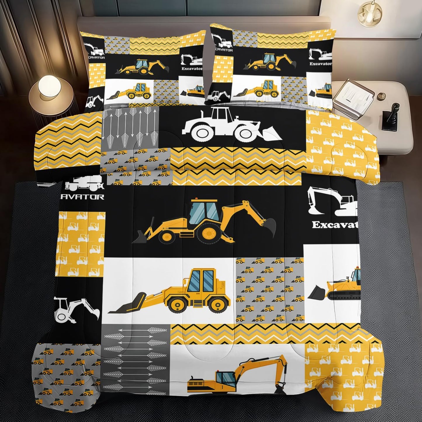 Construction Comforter Set King Boys,Yellow King Construction Bedding Set,Engineering Vehicles Comforter Yellow Bedroom Decor Kids,Truck Quilt Cartoon Truck Bedding for Teen