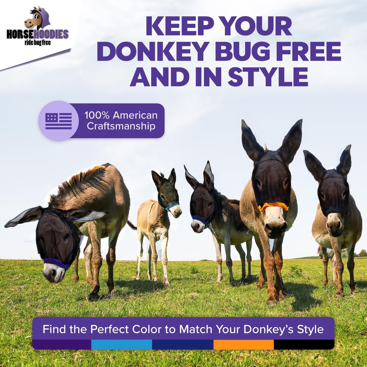 Donkey Fly Mask with Long Ears (Black) Made in USA - Mule Fly Mask with Ears Protection from Insects and Bugs, Small Donkey Soft Mesh Fabric with Adjustable Fastener, Face Cover Supplies for Donkeys