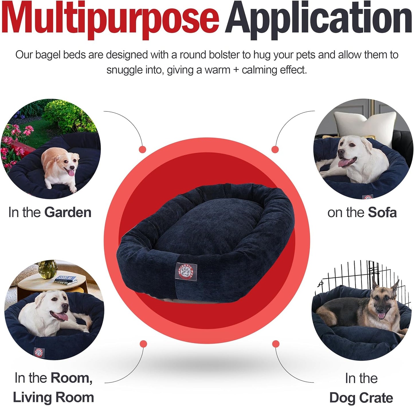 Majestic Pet 32 Inch Micro Velvet Calming Dog Bed Washable 32x23x7 (inch) – Cozy Soft Round Donut Dog Bed with Spine for Head Support - Pet Bed Medium – Navy