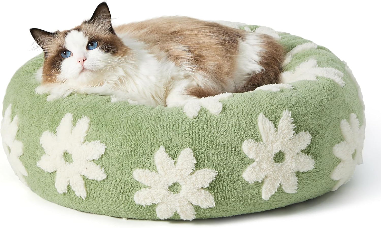 LE SURE Donut Small Dog Bed - Round Cat Beds for Indoor Cats Calming Pet Beds, Cute Modern Beds with Jacquard Shaggy Plush & Anti Slip Bottom, 20 Inch, Green,XS (20x20x6)