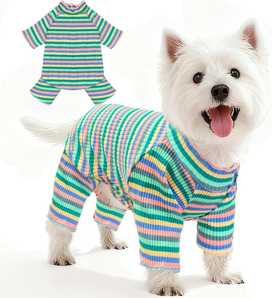 BAEJMJK Striped Dog Pajamas Stretchy Cute Four-Legged Boy Girl Dog Clothes with Sleeves Comfortable Dogs Jumpsuit Colorful Pet Puppy Outfits Apparel for Small Medium Dogs Cats(Green,Medium)