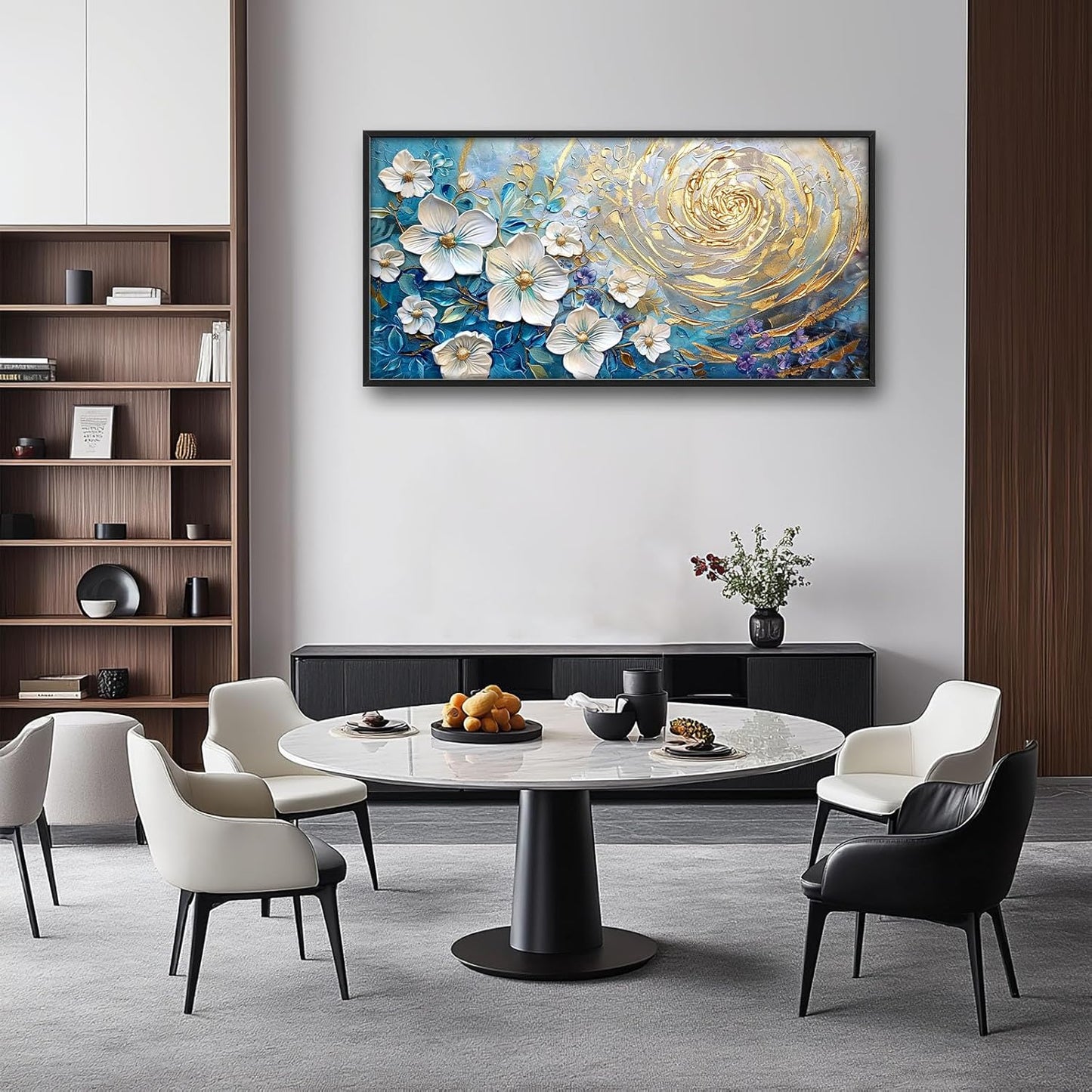 Flower Large Wall Art White Floral Pictures Abstract Golden Spiral Texture Wall Decor Canvas Print Painting Artwork for Bathroom Living Room Bedroom 60L" x 30W"