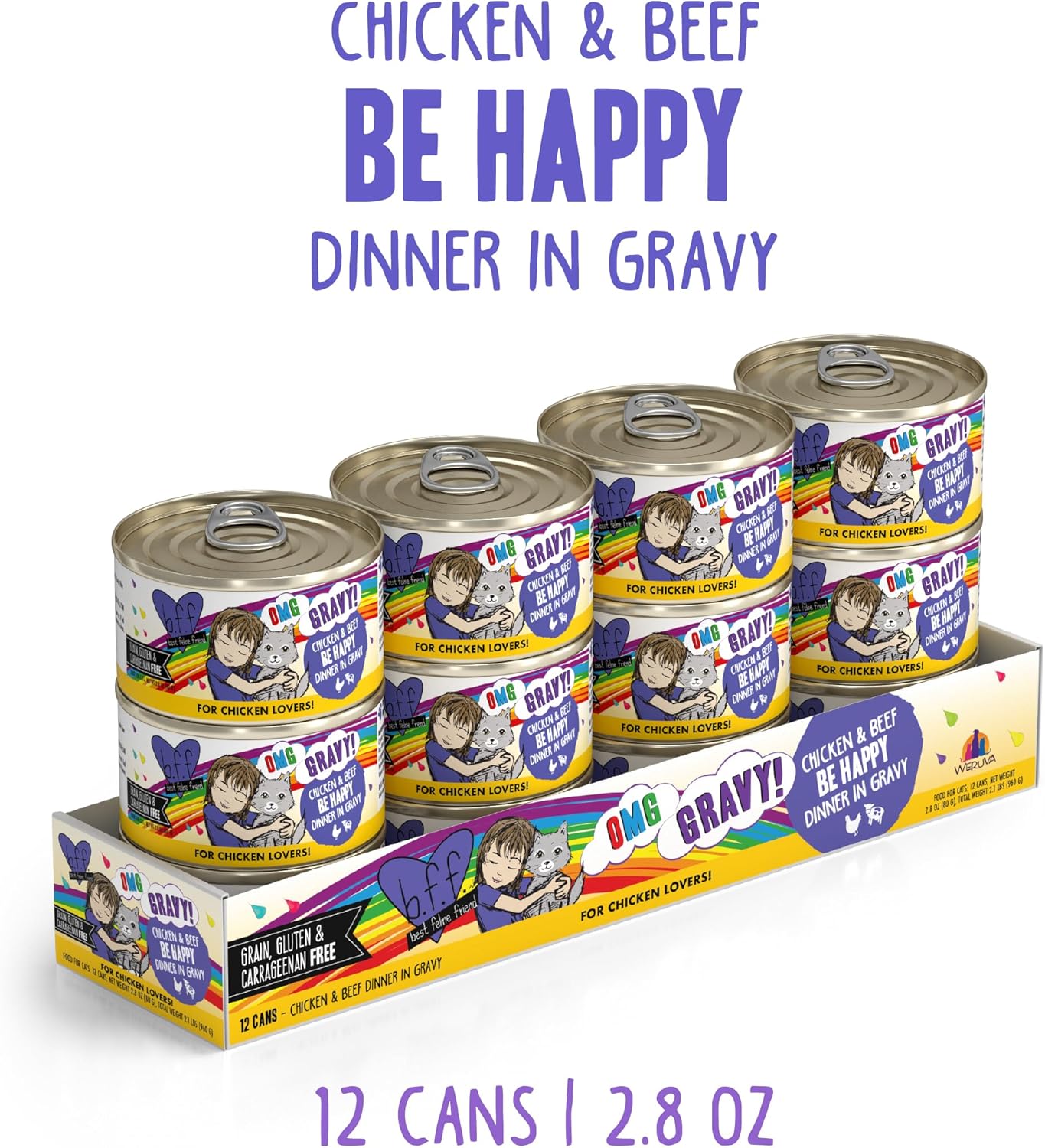 Weruva B.F.F. OMG - Best Feline Friend Oh My Gravy!, Chicken & Beef Be Happy with Chicken & Beef in Gravy, 2.8oz Can (Pack of 12)