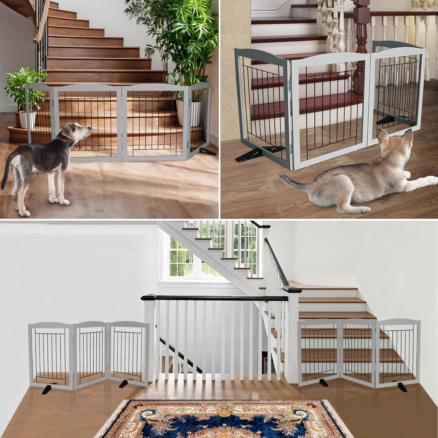 ZJSF Freestanding Dog Fence Indoor, Foldable Dog Gate for Doorways, Stairs or Hallways, Sturdy Wood Extra Wide Pet Gate with Support Feet for The House, Grey, 32 "Height-3 Panels