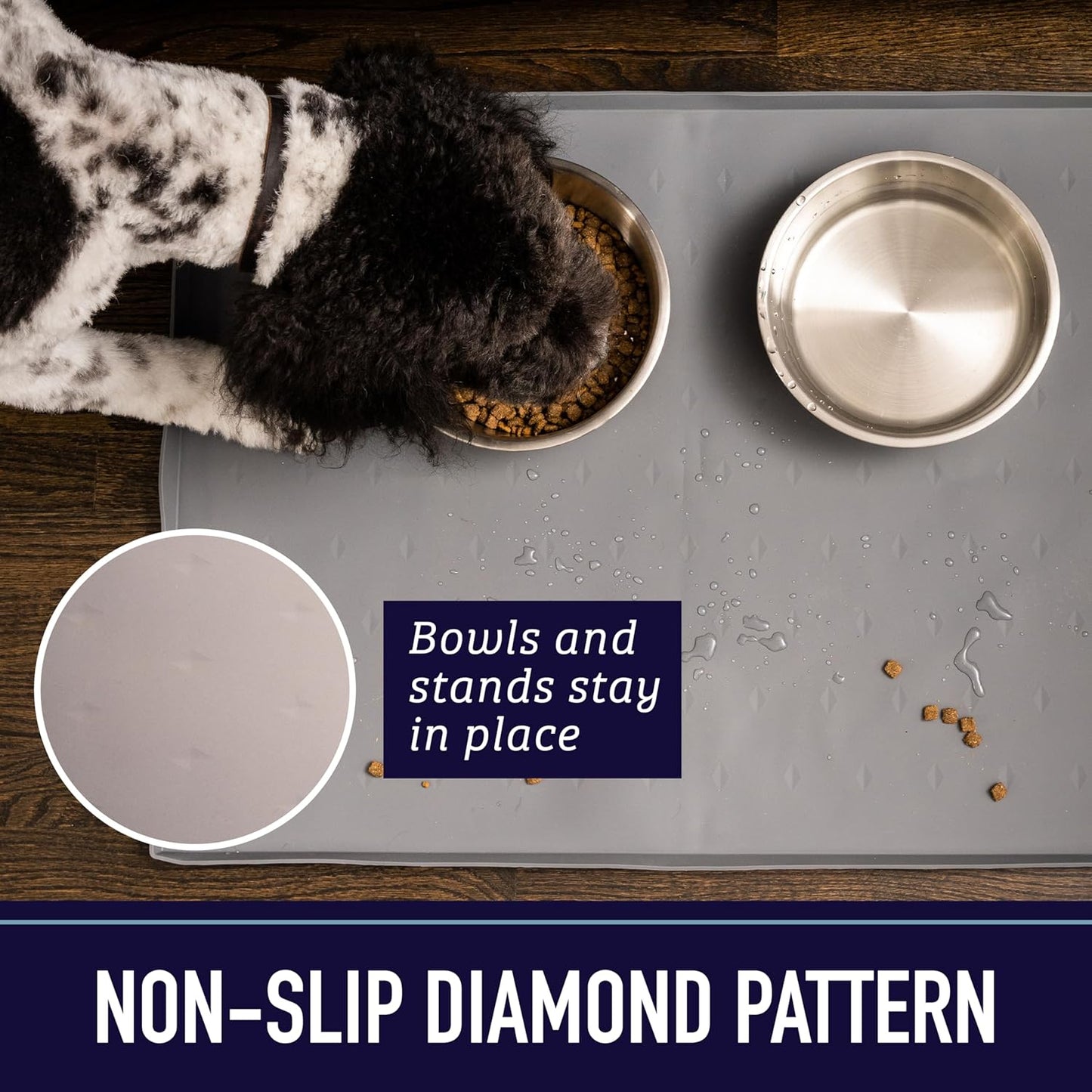 Leash Boss Waterproof Silicone Dog & Cat Placemat for Food and Water Bowls with Raised Edges, 18x11, Grey - Dog Water Mat - Cat Food Mat