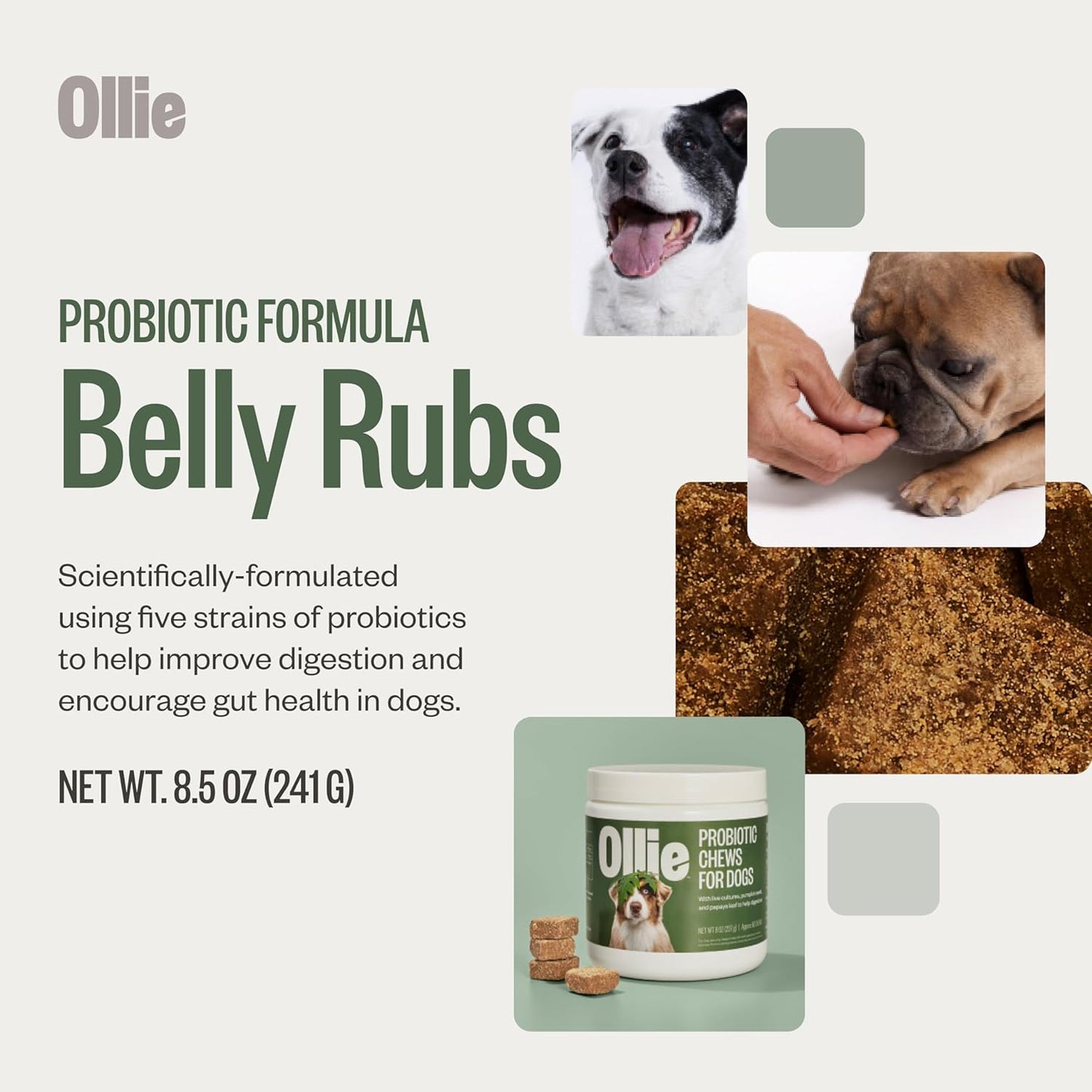 Ollie Belly Rubs, Probiotic Dog Chews, Digestive Health, Natural Ingredients, for Upset Stomach Relief, Appx. 60 Count