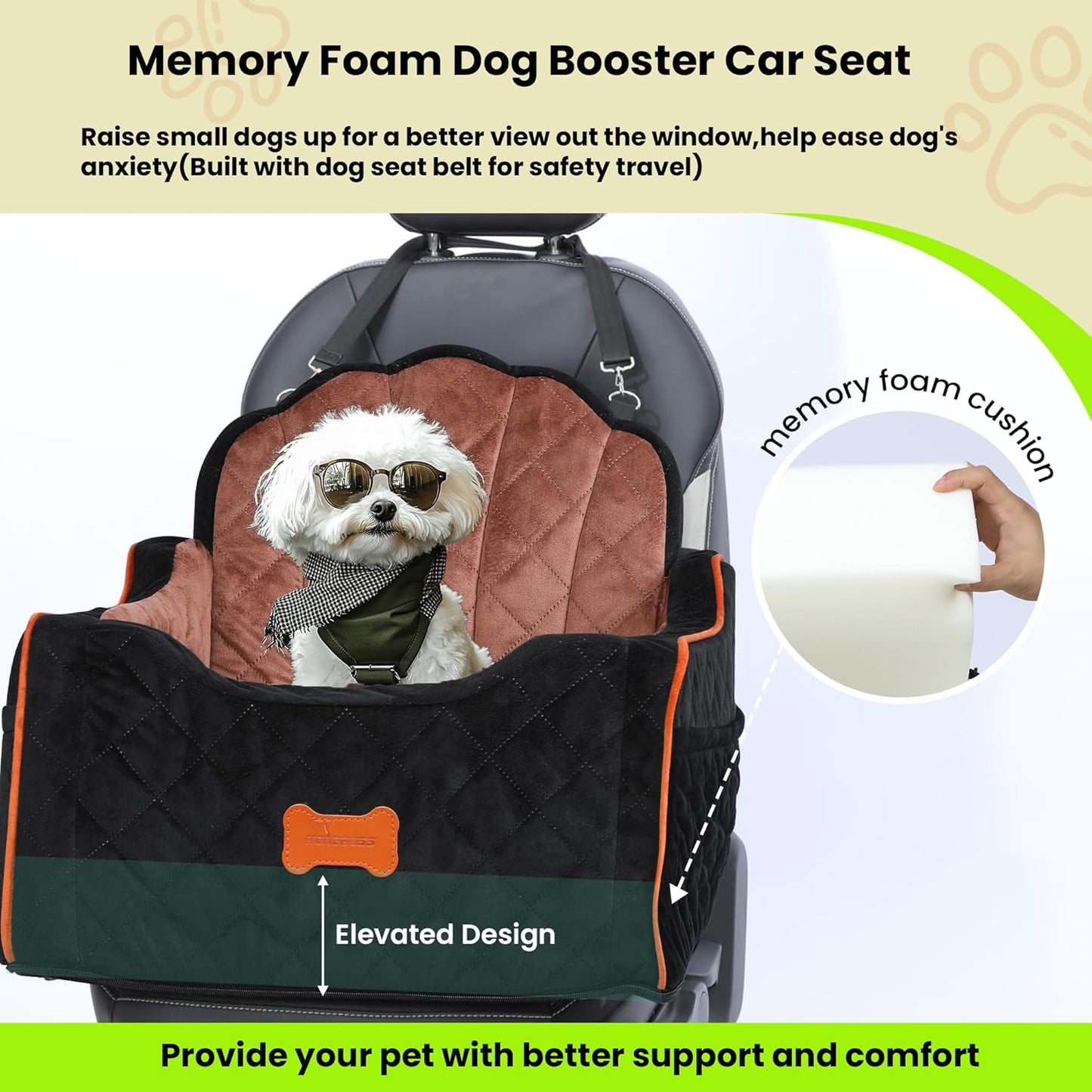Dog Car Seat for Small Dogs Under 30lbs, Detachable Washable Pet Booster Seat with Safety Belt & Storage Pockets, Travel Car Bed, Black/Brown