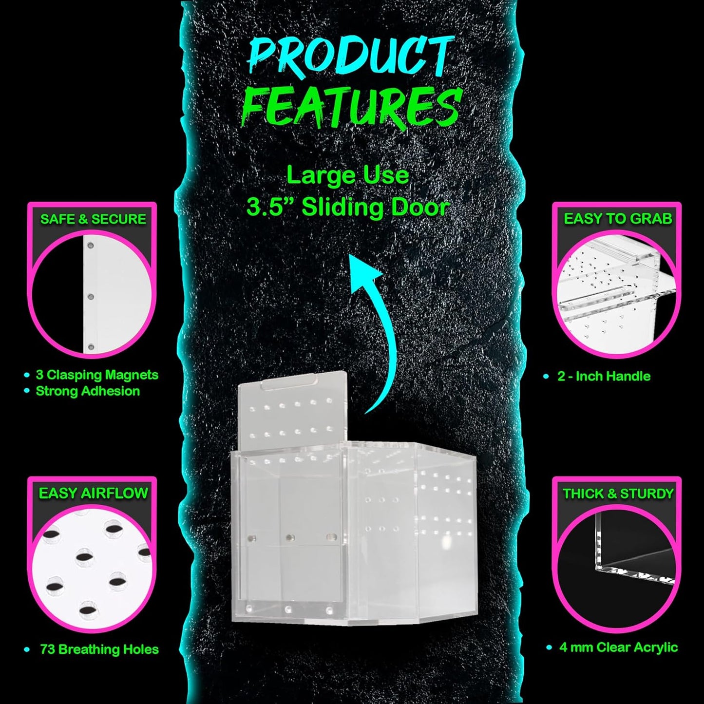 Coffin Shaped Jumping Spider Enclosure 9.5”x7.5”x5” Tarantula Enclosure Reptile Terrarium w/Sliding Magnetic Door. Great Reptile Tank Acrylic Aquarium Spider Box for Terrestrial or Arboreal Animal.