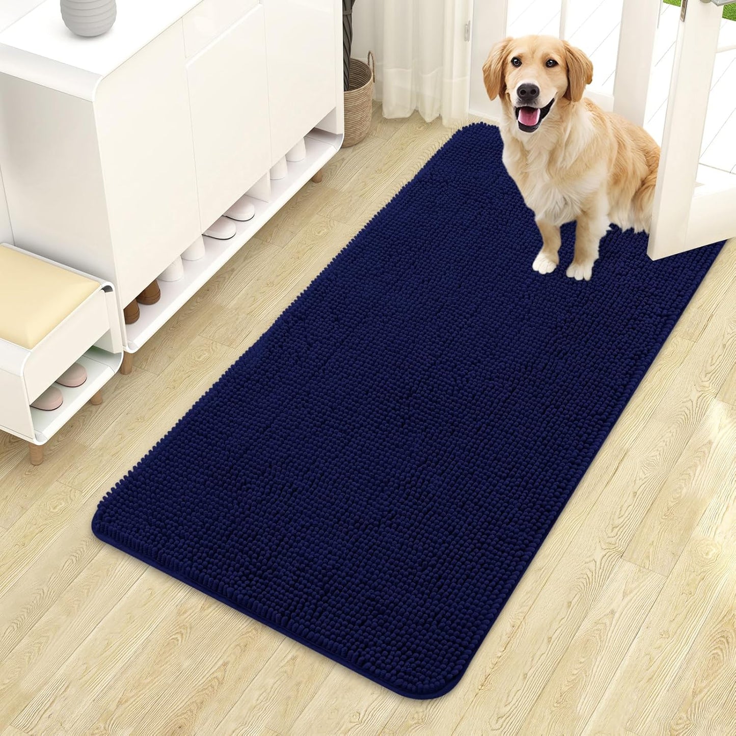 OLANLY Dog Door Mat for Muddy Paws 44x24, Absorbs Moisture and Dirt, Absorbent Non-Slip Washable Doormat, Quick Dry Chenille Mud Mat for Dogs, Entry Indoor Entryway Carpet for Inside Floor, Navy Blue