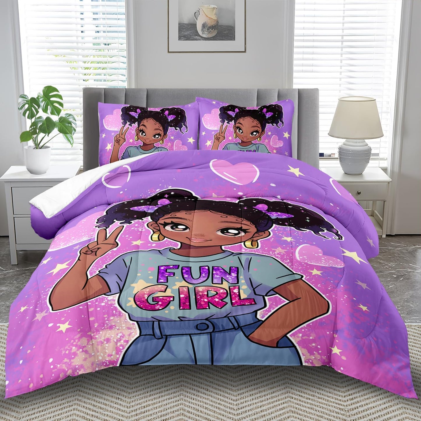 African American Black Girl Comforter Set Queen Size,Cute Black Girl Bedding Set Queen for Kids,Kawaii Heart Comforter Purple Bedding Decor for Teen,Purple Bed Quilt
