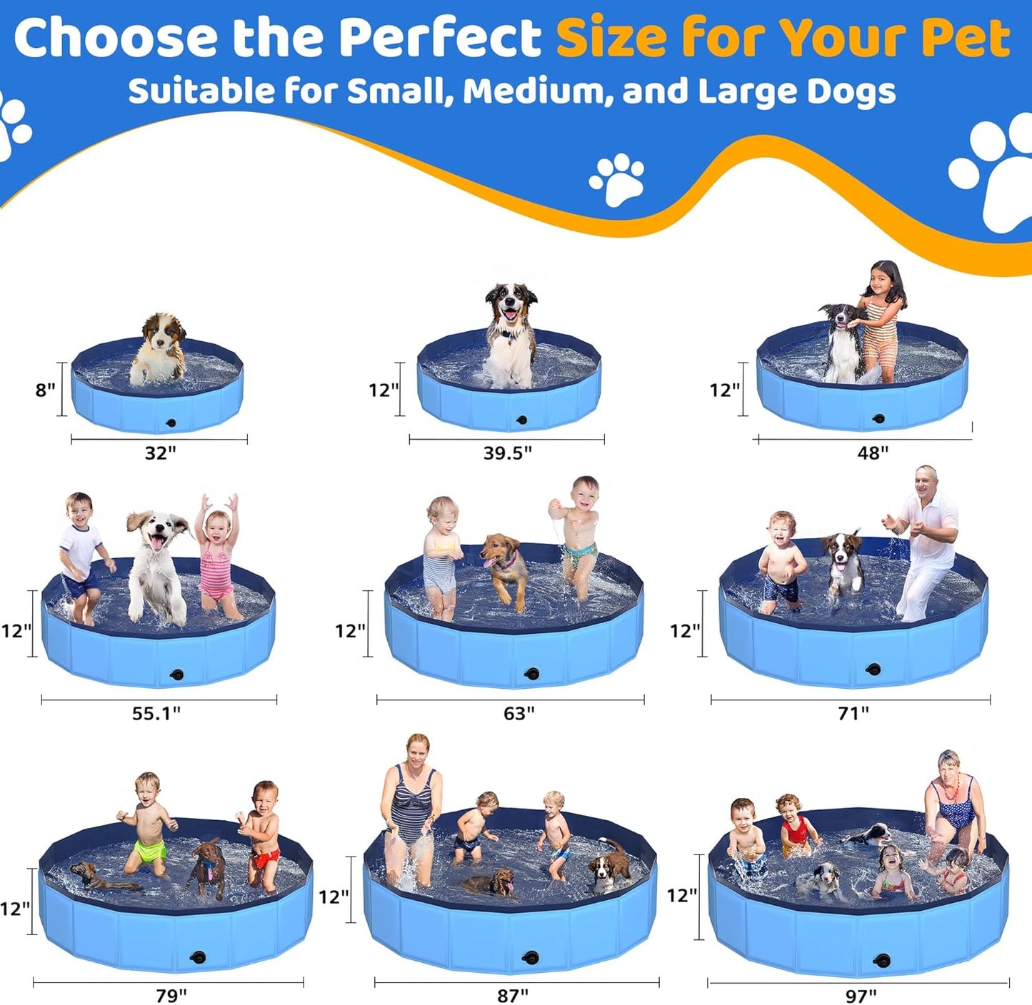 48" x 12" Foldable Dog Pool - Collapsible Hard Plastic Kiddie Pool for Dogs & Kids, Non-Slip Pet Bath Tub for Outdoor Backyard Use, Lightweight & Portable (Blue)