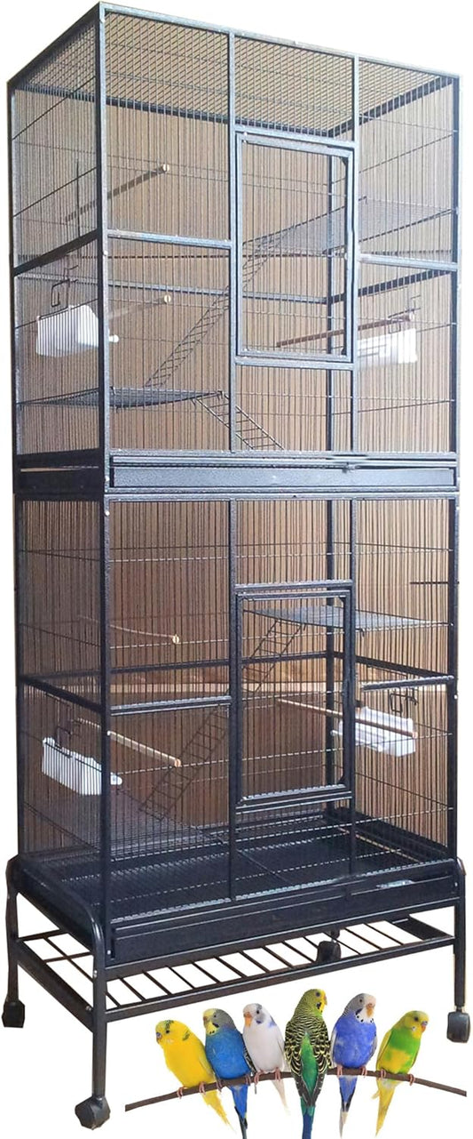 Extra Large Double Stacker Breeding Flight Bird Wrought Iron Separate Parrot Bird Cage Side Nesting Box Doors Easy Clean Pull Out Metal Grate Tray and Removalbe Rolling Stand