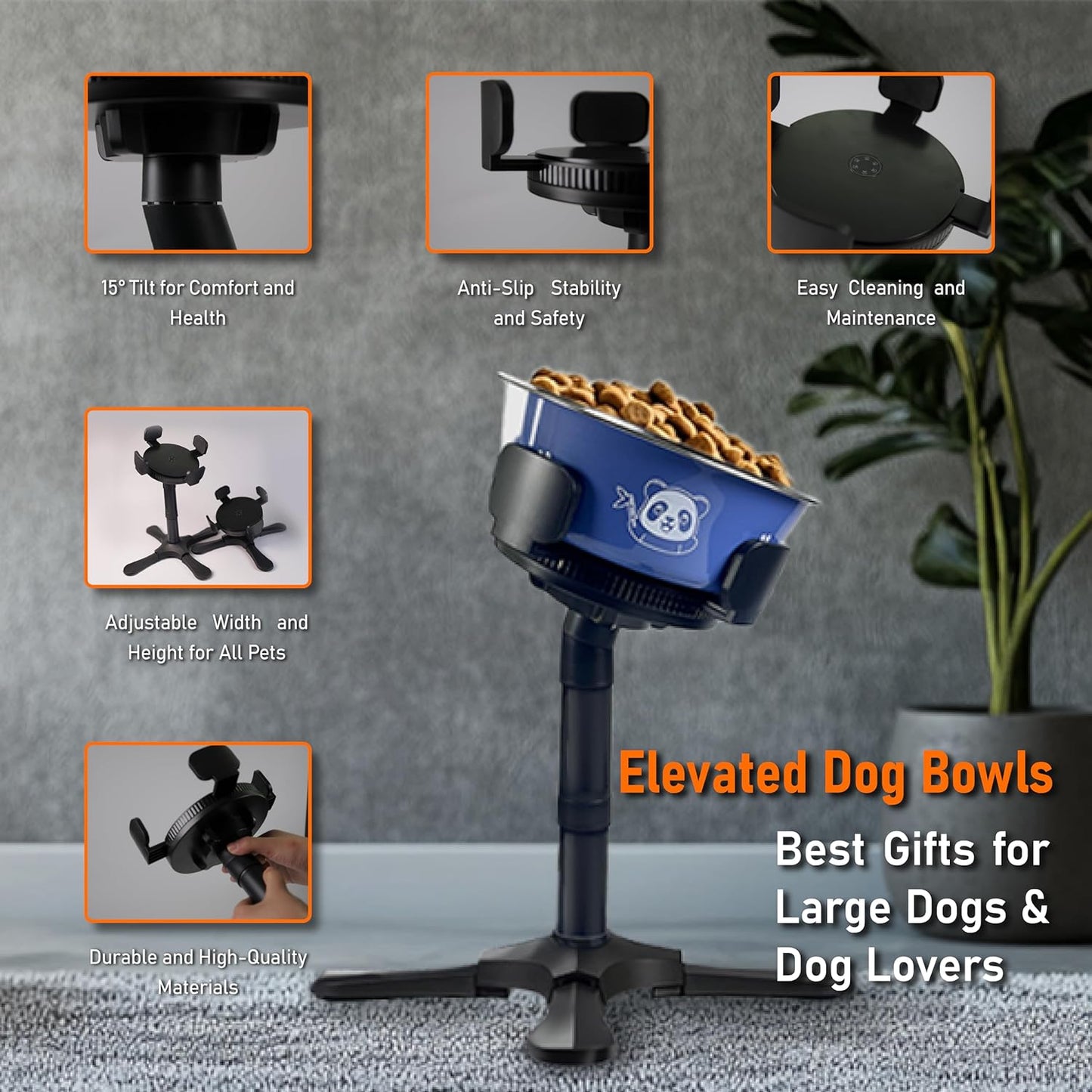 Adjustable Elevated Dog Bowl Stand with Non-Slip Base - 3 Height & Tilt Settings, Fits 14-24.5cm Bowls, Raised Stainless Steel Dish for Large Breed, Medium & Small Dogs, Cats