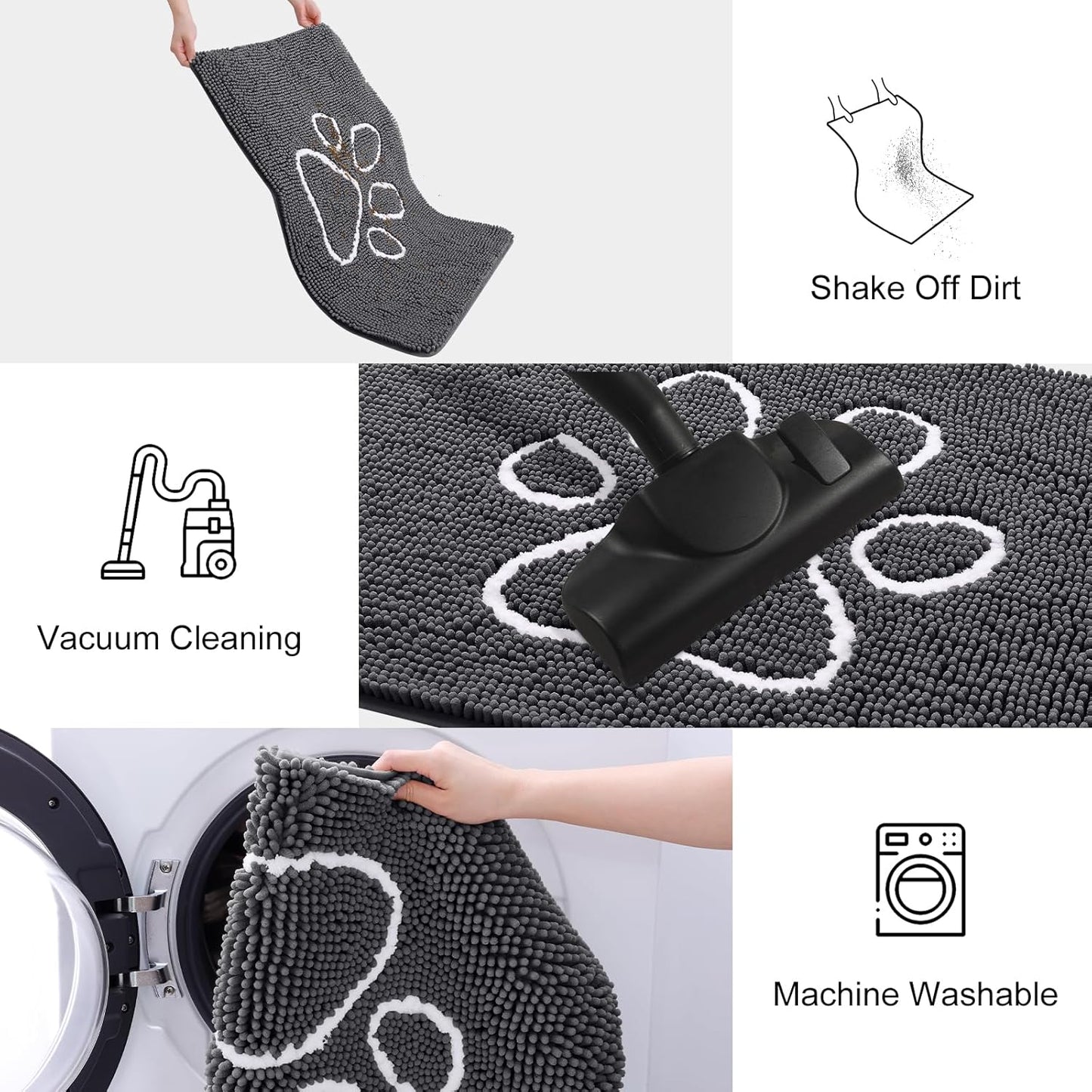 Smiry Dog Door Mat for Muddy Paws, Absorbent Dirt Trapper Non Slip Quick Dry Washable Chenille Mat for Mud Dogs, Entry Rug for Indoor and Outdoor (40x32 Inches, Dark Grey and White)