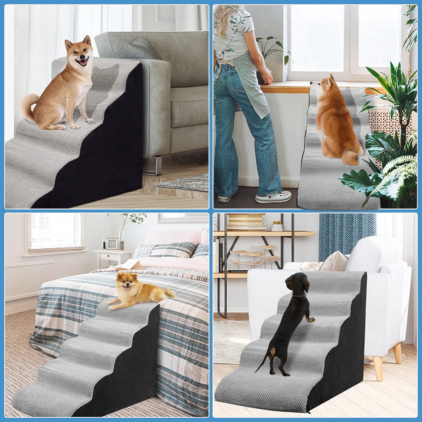 Curved Dog Stairs 24 inches High, Dog Ramp Stairs for Small Dogs for High Beds 20-25 inches Tall, 30D Foam Dog Steps for Beds 24 inches, Pet Stairs/Steps for Old Dogs Cats, Grey