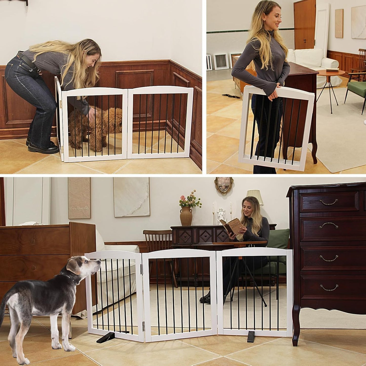 Freestanding Panel Dog Gate for Indoor Doorways, Stairs, or Hallways - Foldable Wooden Pet Gate, 24" Height - 3 Panels, White