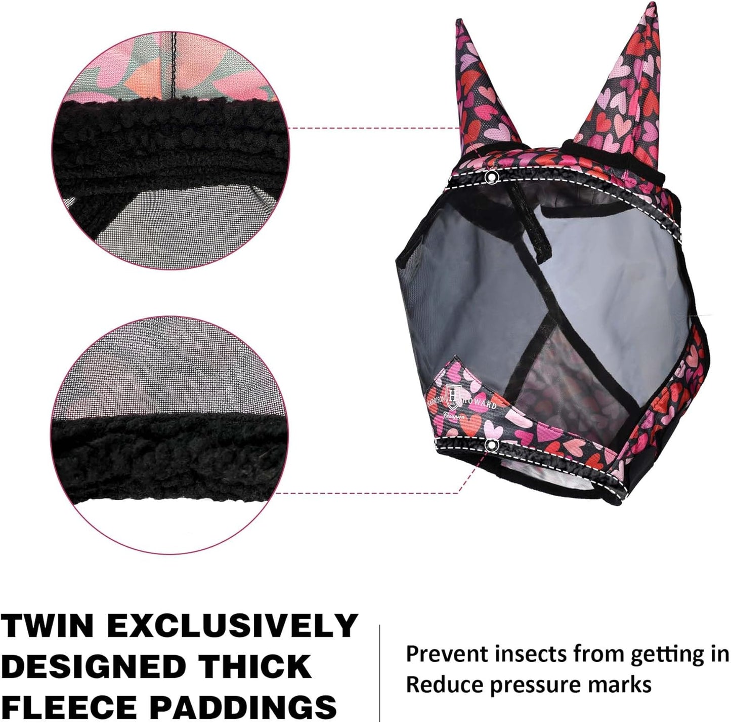 Harrison Howard Pro LumiVista Horse Half Face Fly Mask Large Eye Space with Ears UV Protection for Horse Cute Hearts L