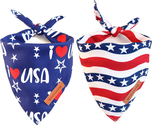 Realeaf 4th of July Bandanas 2 Pack, Triangle Reversible American Flag Pet Patriotic Scarf for Boy and Girl, Premium Durable Fabric, USA Bandana for Medium and Large Dogs (Large)
