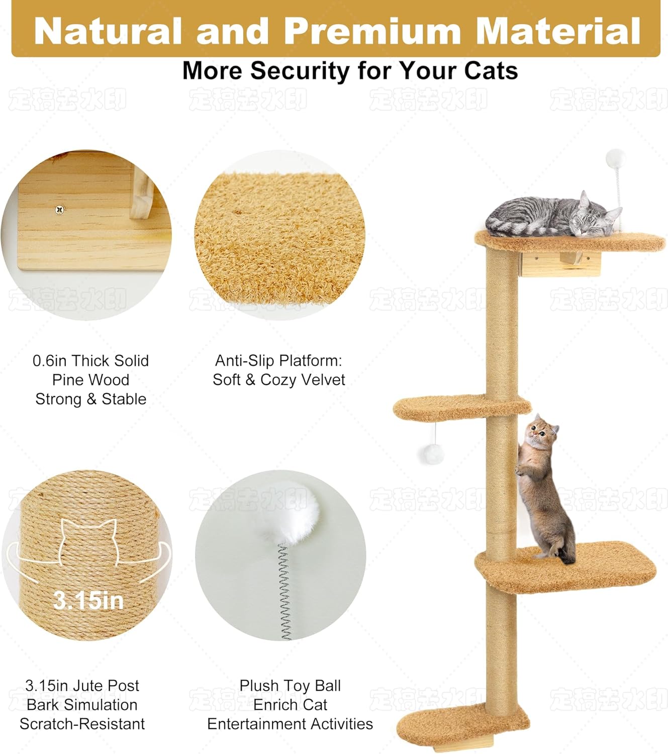 Brown Wall Mounted Cat Wall Climber & Tree for Kittens, 4 Platform Cat Shelves with Brown Plush Cushions, Floating Furniture for Climbing, Lounging, Scratching – 49” Tall