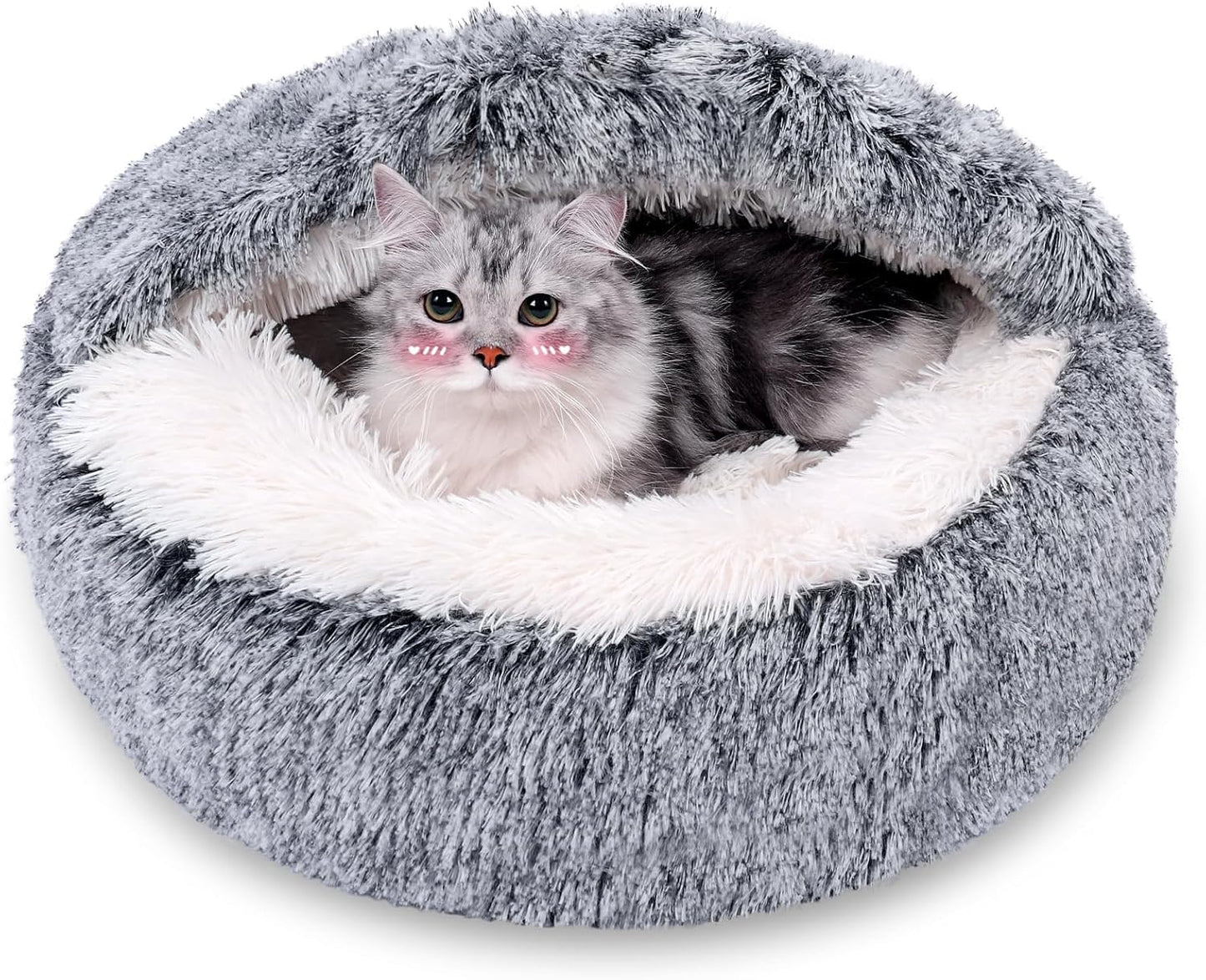 MADDEMCUTE Calming Dog & Cat Cave Bed With Hooded Cover, Removable Washable Round for Small Medium Pets, Anti-Slip Faux Fur Fluffy Coved for Improved Sleep, Fits up to 15/25 lbs (Grey, S)