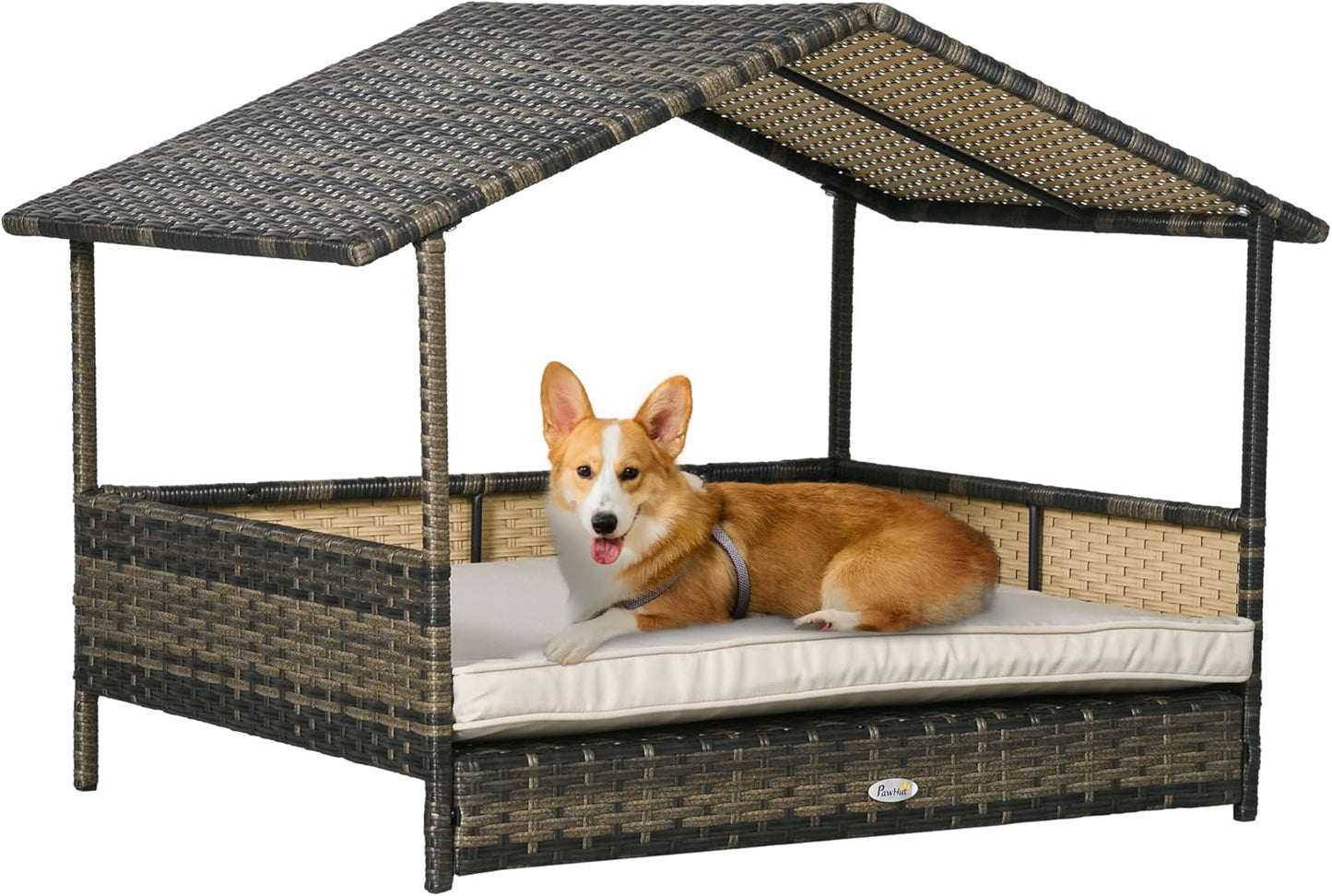 PawHut Wicker Dog House Outdoor with Canopy, Rattan Dog Bed with Water-Resistant Cushion, Raised Dog Bed for Small, Medium Dogs up to 66 lbs, 19.75" in Length, Brown Wicker, Khaki Cushion