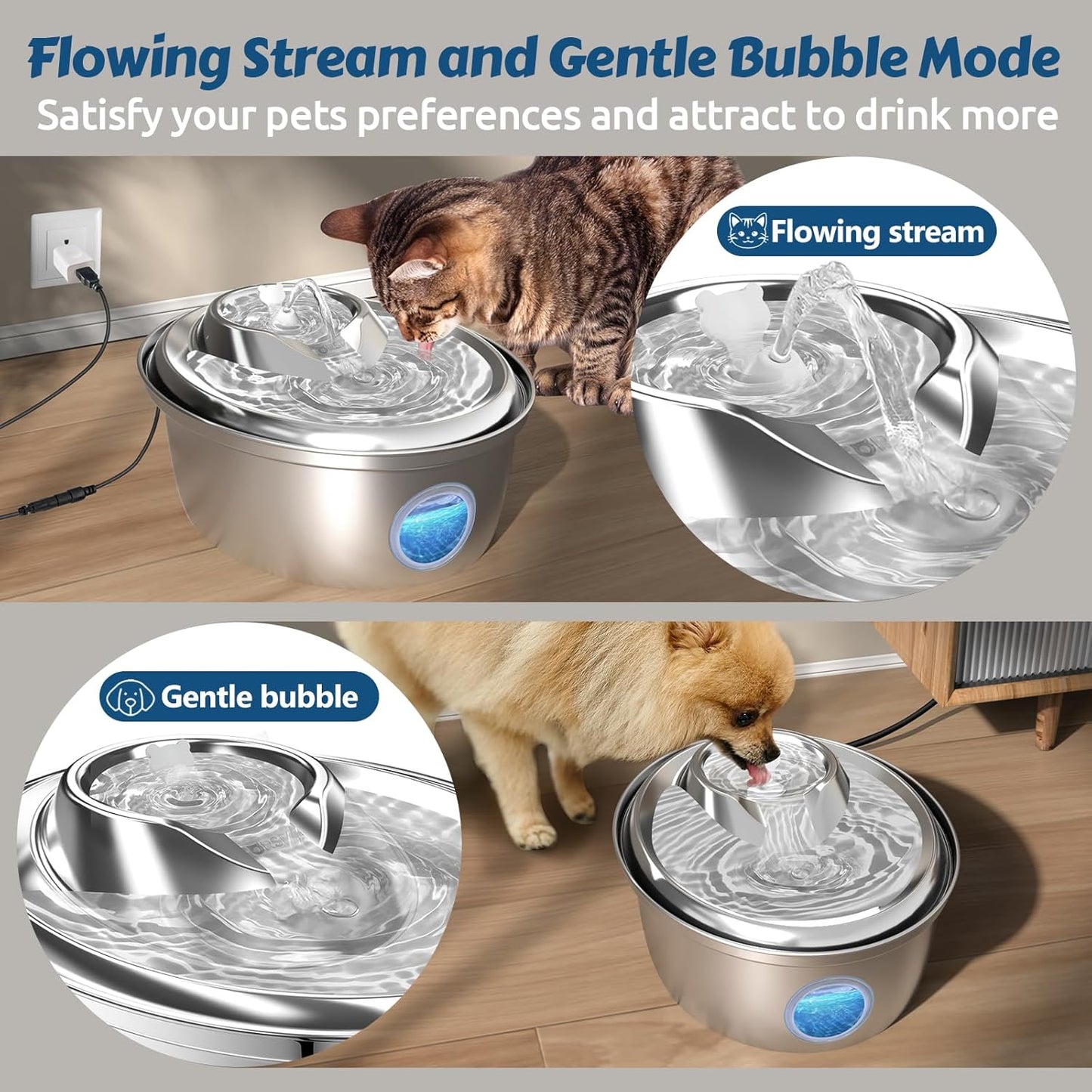 ORSDA Stainless Steel Cat Water Fountain, 100oz/3L Automatic Pet Drinking Fountain, Dog Water Dispenser Bowl with LED Window for Cats and Small & Medium Dogs- 12Pcs Filters（ D66