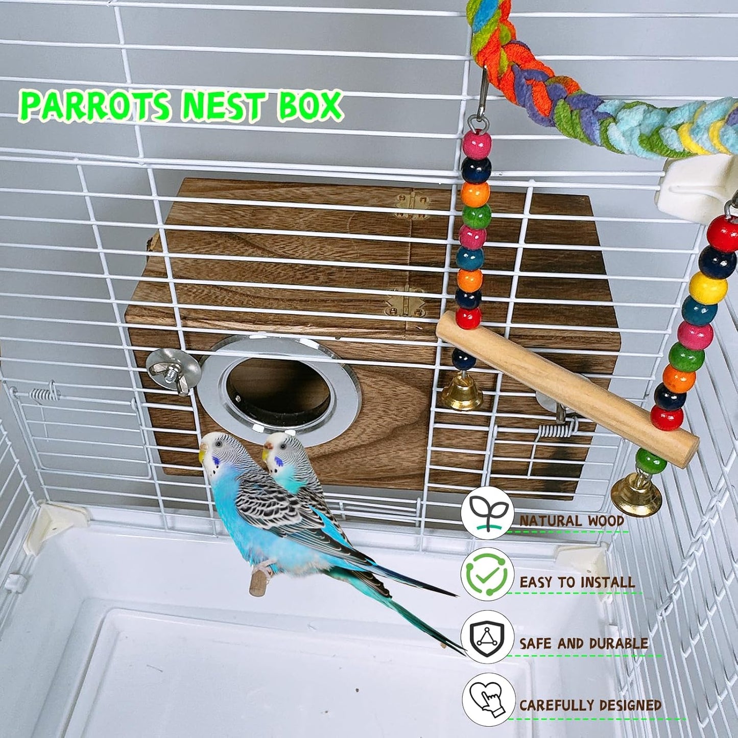 kathson Parrots Nesting Box Parakeet Nest House for Cage Budgie Breeding Hut with Coconut Fiber Bedding Wooden Bird Mating Box for Lovebirds Budgie Conure and Small Medium Parrot Birds